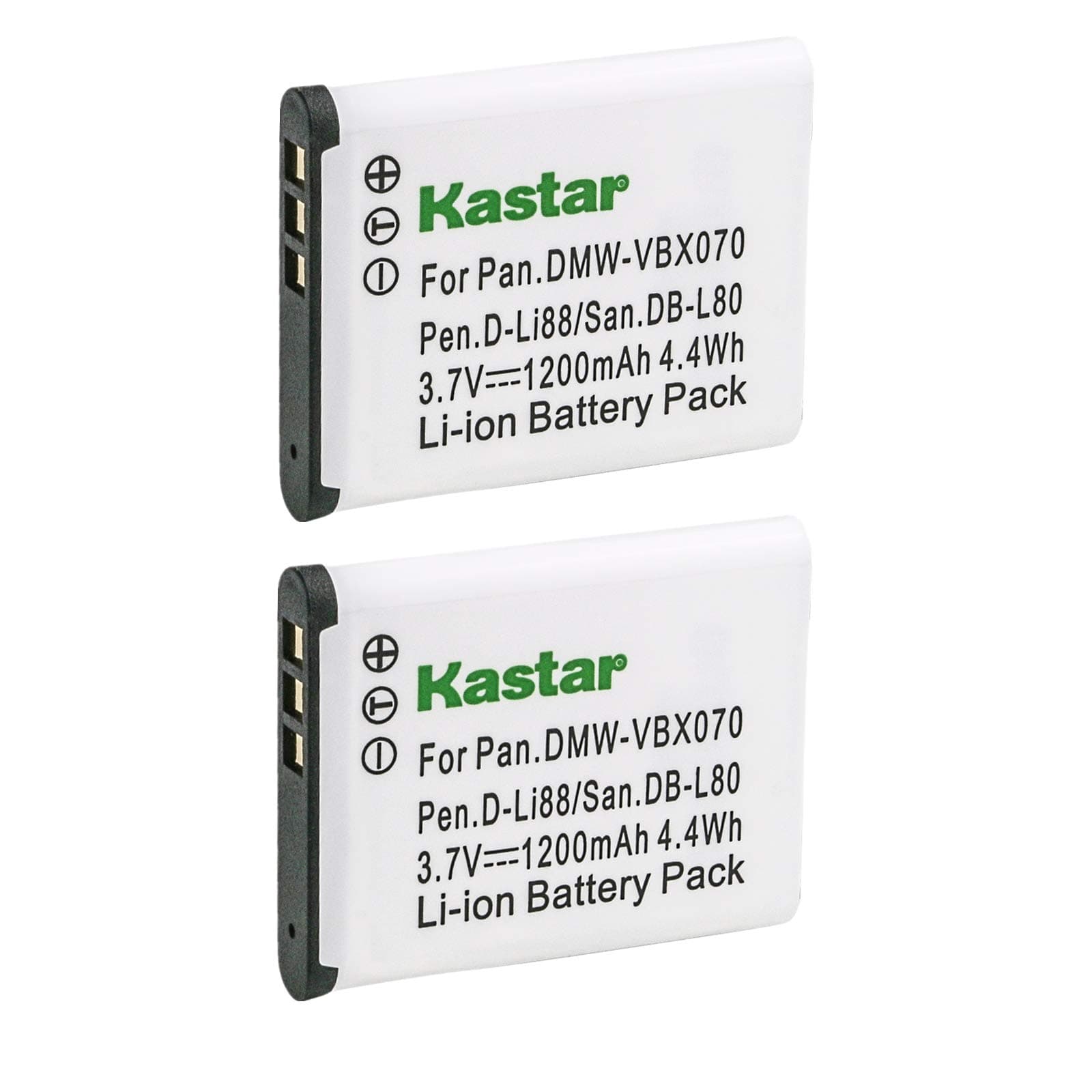 Kastar VBX070 Battery 2 Pack for Pentax D-Li88 Panasonic VW-VBX070 Sanyo DB-L80 DB-L80AU & Pentax Optio H90 P70 P80 W90 WS80 Panasonic HX-DC1 DC2 DC10 DC15 WA10 HM-TA2 TA20 Camera