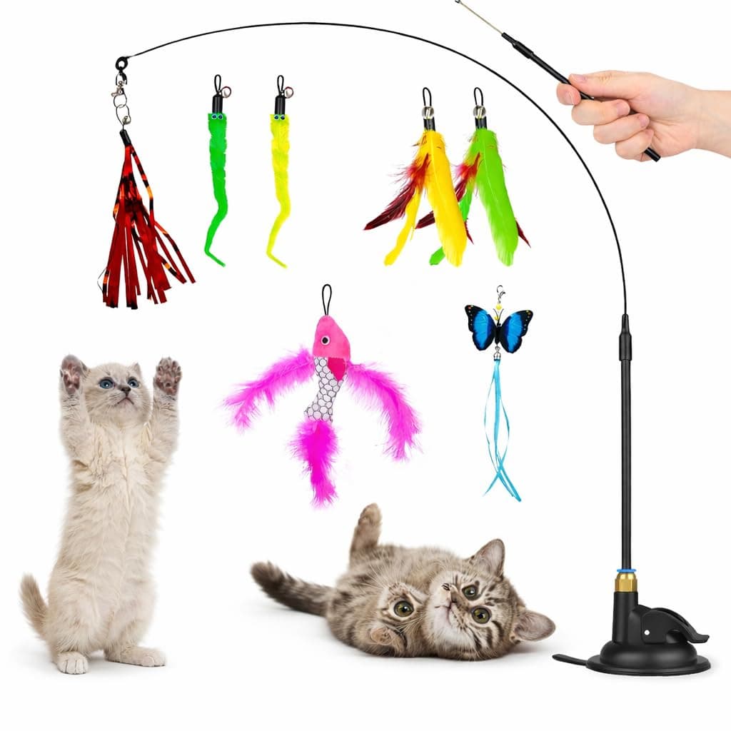 SKY-TOUCH 9in1 Interactive Automatic Cat Teaser Wand Toy with Strong Suction Cup, Cat Feather Toys with 8 PCS Feather Replacements - with Bell,Interactive Kitten Sticks for Indoor Cats