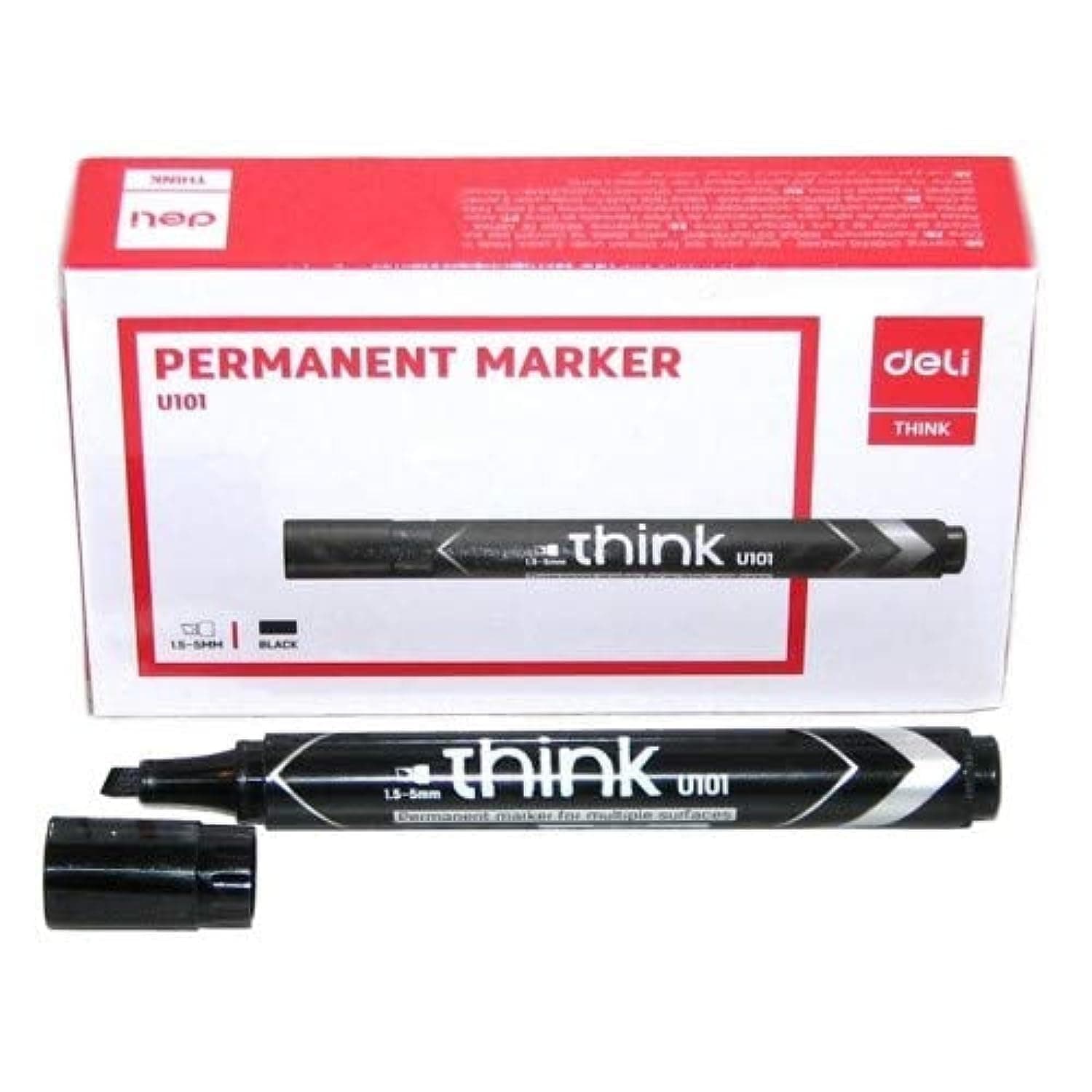 Think 1.5-5mm Chisel Tip Low Odour Ink Permanent Marker 12 Piece Set, Black