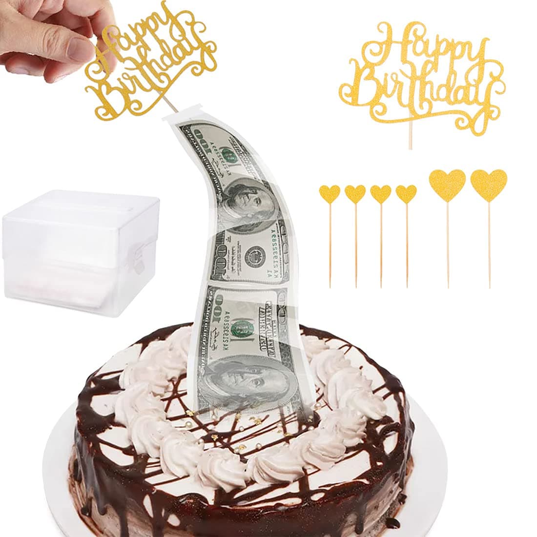 Money Box for Cake,Surprise Money Cake Pull out Kit,Cake ATM Money Box with Happy Birthday Cake Topper Giltter Heart,Food Contact Safe for Wedding Birthday Graduation Party Congratulations