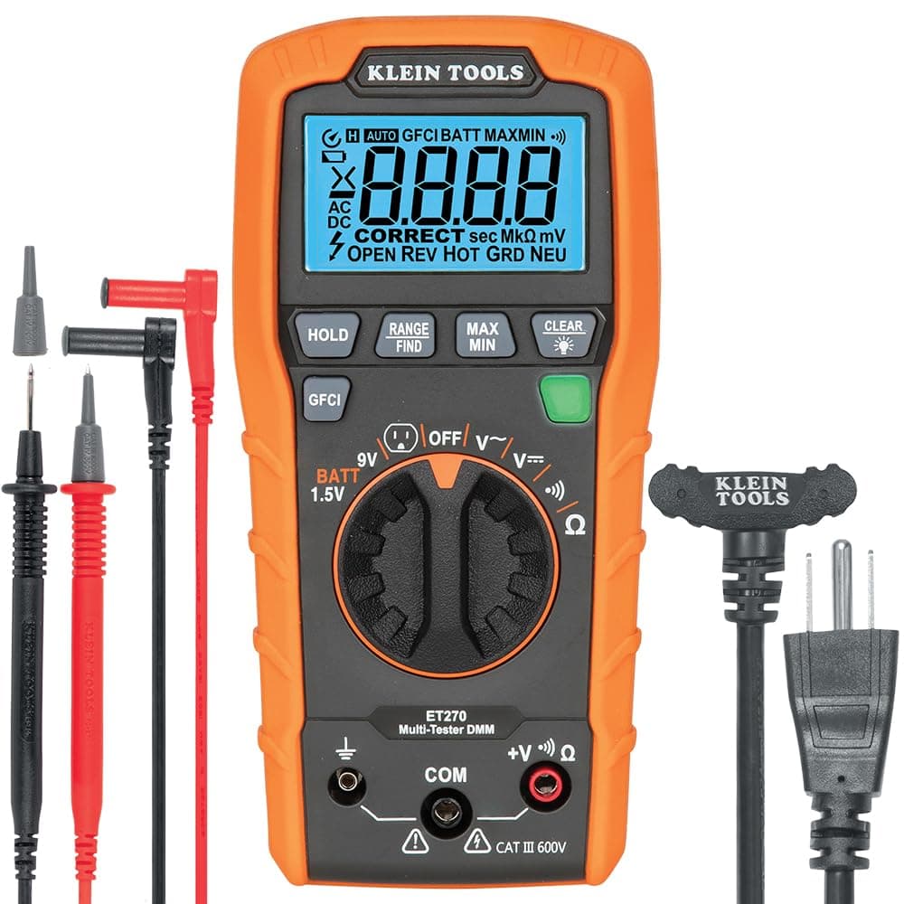ET270 Auto-Ranging Digital Multi-Tester, AC/DC, Resistance, Continuity, GFCI Receptacle Tester with Test Leads and Receptacle Cord