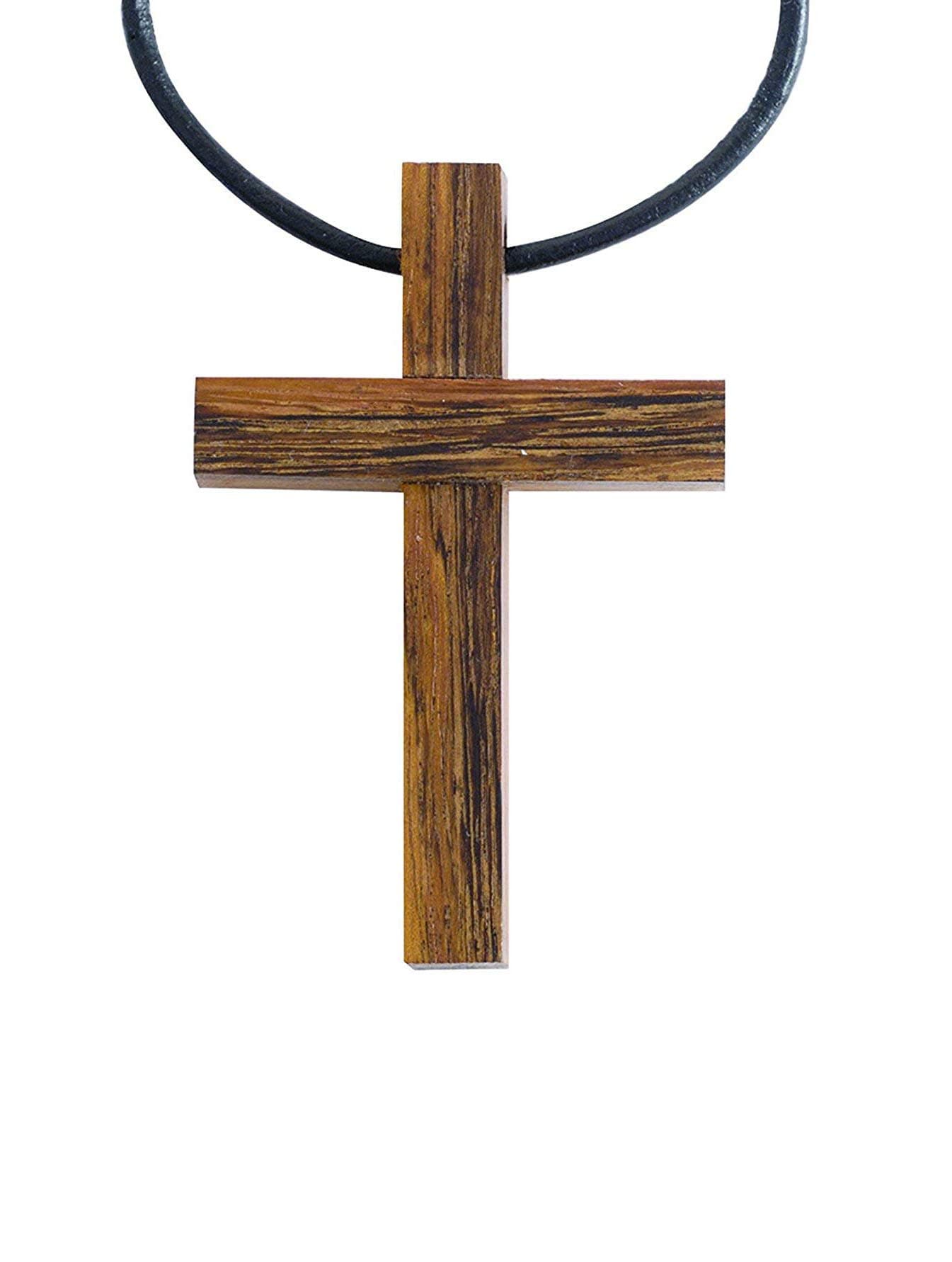 Bob Siemon 2.25" Wood Cross on Adjustable Black Leather Corded Necklace with Card Tag "I Can Do All Things Through Christ"