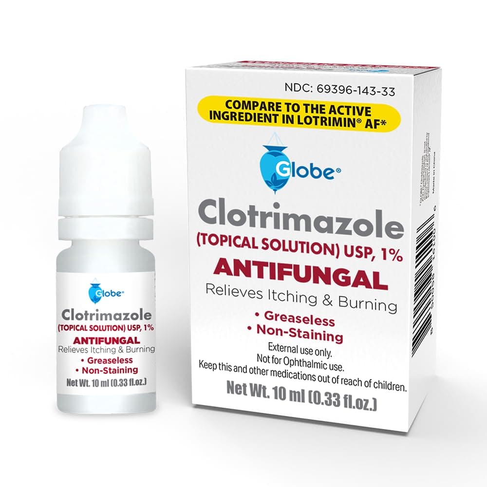 Globe 1% Topical Clotrimazole Solution 10ml Bottle (0.33 Fluid Ounce Liquid) for Athlete’s Foot, Jock Itch, Ringworm Fast-Acting Relief- Extra Strength Formula for Itching,Irritation & Skin Protection