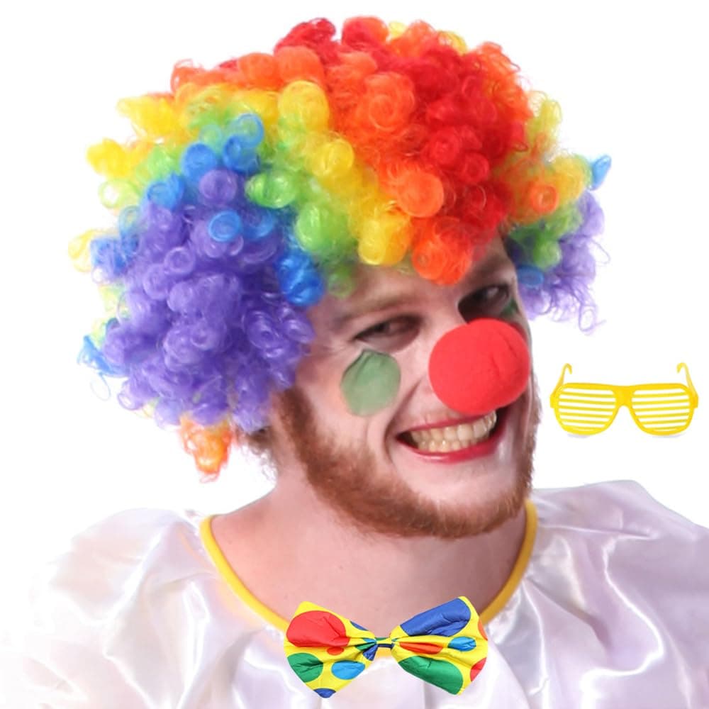 4PCS Clown Accessory Set with Multi-color Wig, Nose, Bow Tie, Glasses for Costume Dress-Up, Pretend Play, Party Favor