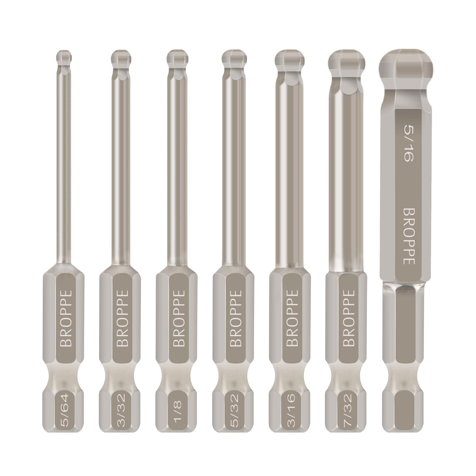 7pcs SAE Ball End Hex Screwdriver Bit Set Magnetic Ball Head Allen bits 5/64-5/16 Inch 1/4 Inch Hex Shank 65mm Length