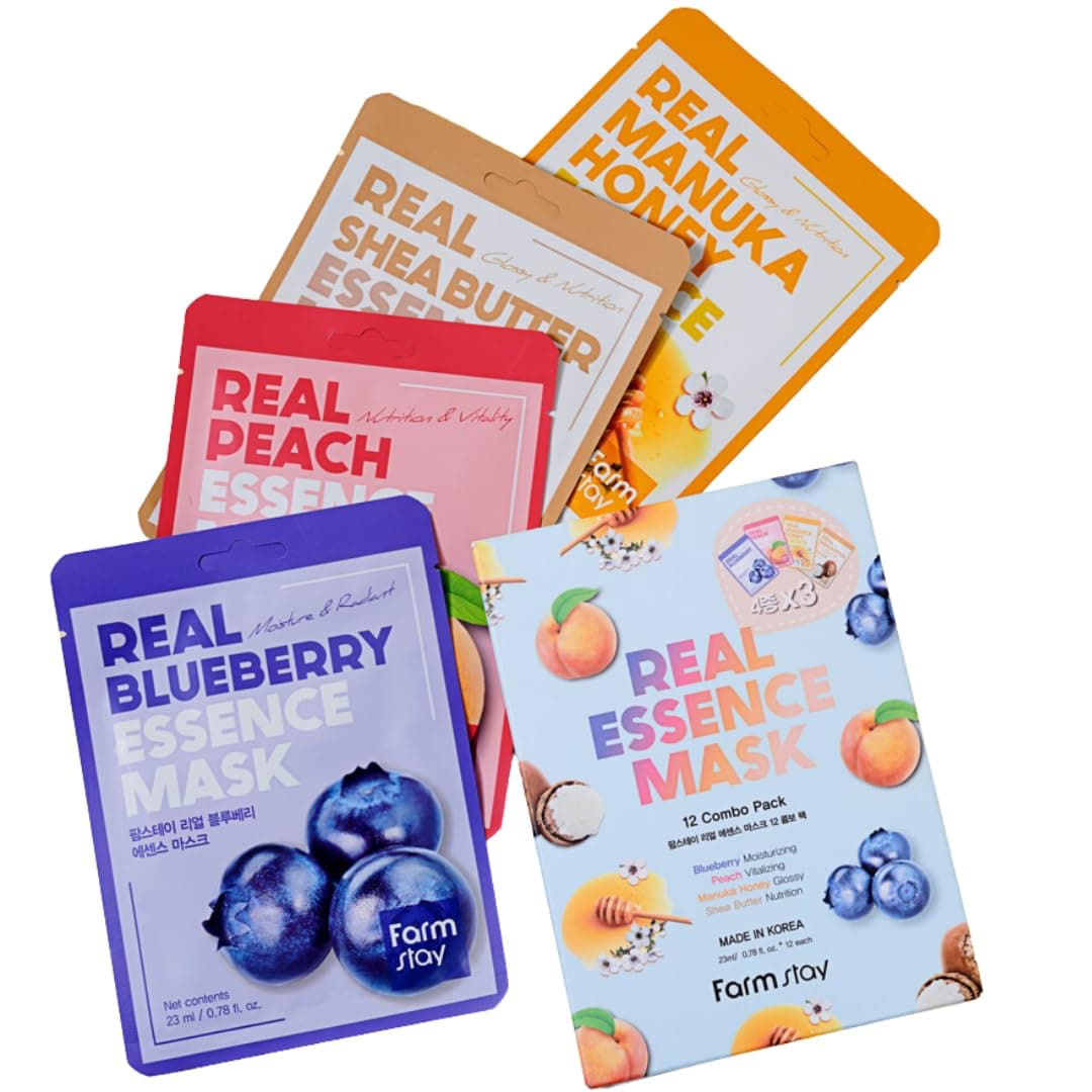 Real Essence Mask Combo Pack, 0.78 fl. oz. x 12 (Blueberry, Peach, Manuka Honey, Shea Butter)