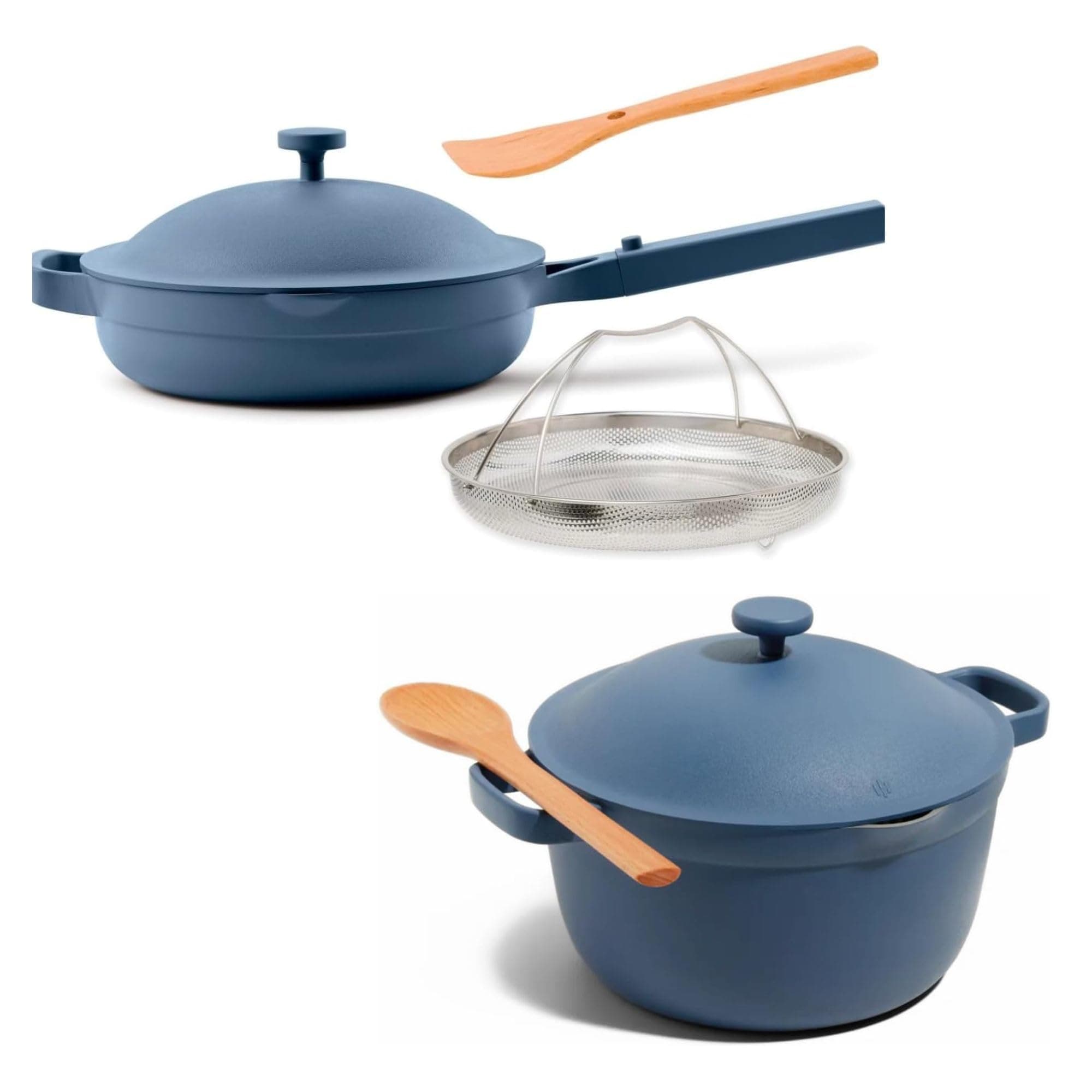 Cookware Duo | 7-Piece Ceramic Cookware Set with 10.5" Always Pan 2.0, 5.5 Qt Perfect Pot & Strainer Basket | Induction & Oven Safe up to 450°F | Nonstick, Non-Toxic Cookware | Blue Salt