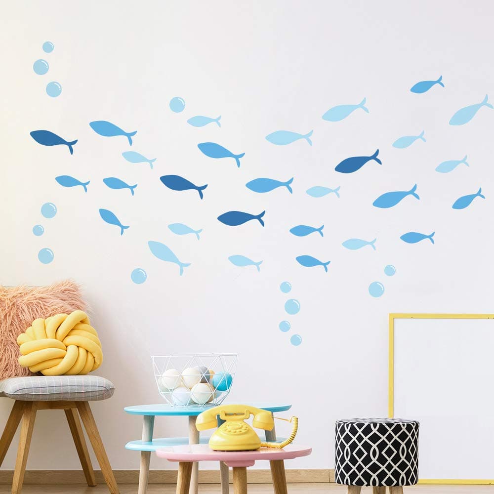 Ocean Fish Wall Decals 42 Pieces Bubbles and Blue Fish Wall Stickers for Kids Room