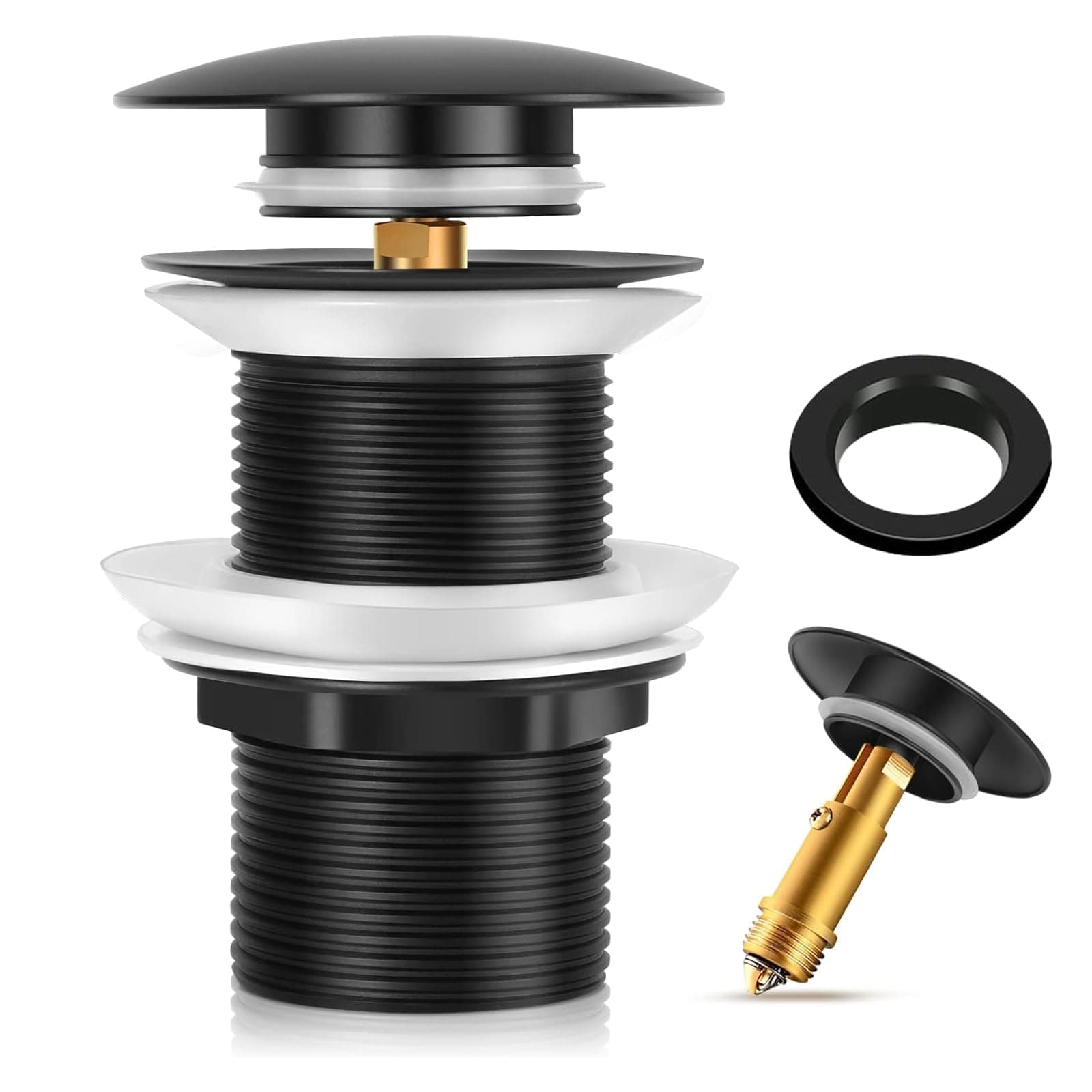 Basin Sink Waste Unslotted Matt Black Solid Brass, Chonphan Pop Up Click Clack Sprung Drain Plug without Overflow for Bathroom Countertop Undermount Basin Sink