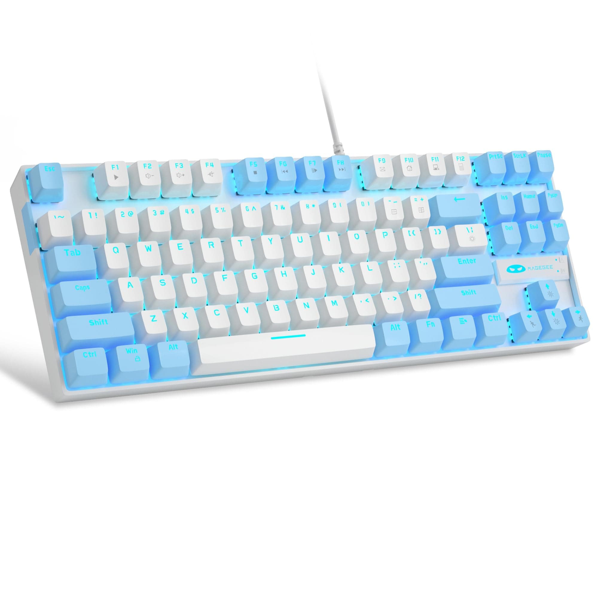 75% Mechanical Gaming Keyboard with Red Switch, Led Blue Backlit Keyboard, 87 Keys Compact Tkl Wired Computer Keyboard for Windows Laptop Pc Gamer - White/Blue