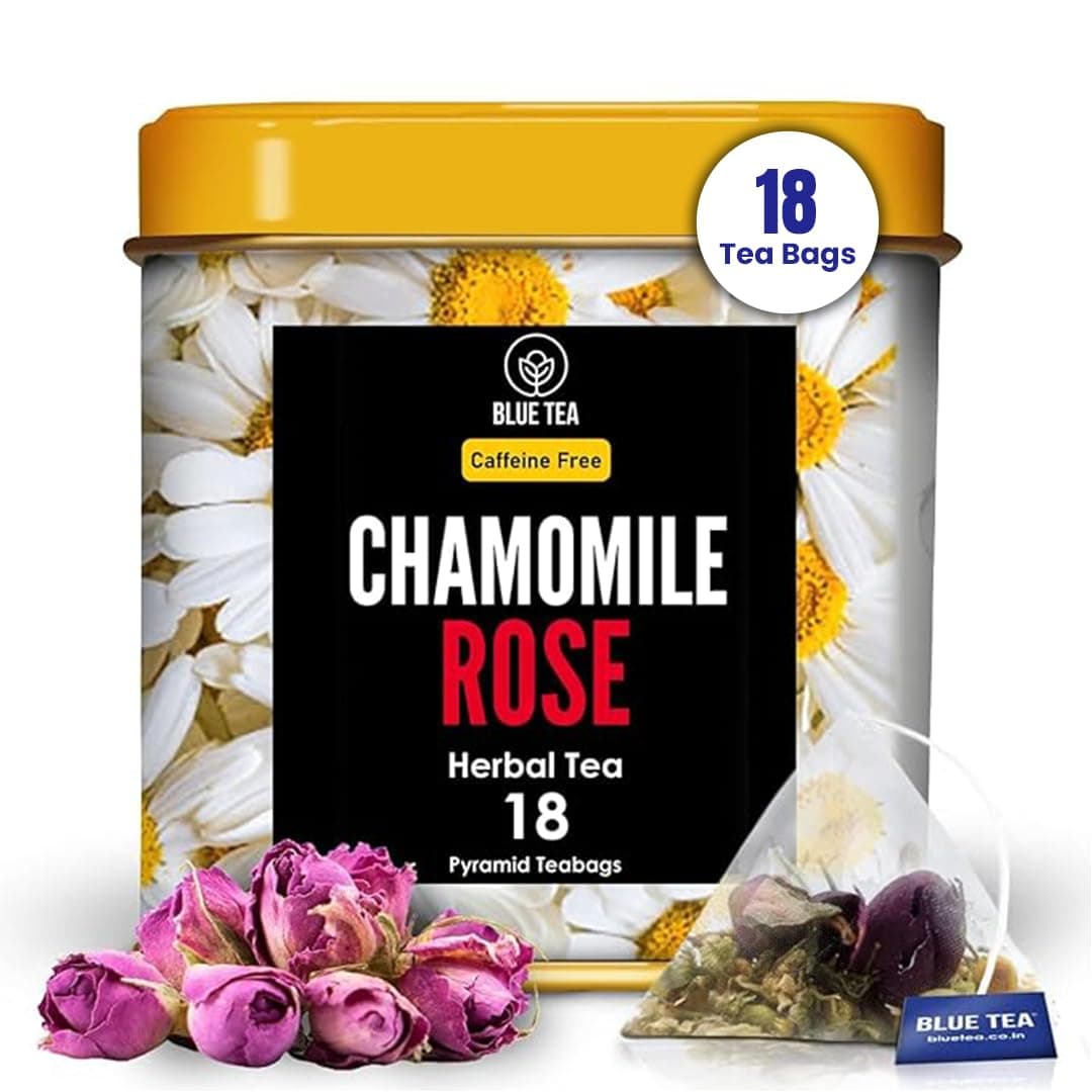 BLUE TEA - Chamomile Tea - Rose - 18 Count - Pyramid Plant Based Tea Bag | SKIN HEALTH | Detox Tea - Herbal Tea - Flower Based - Caffeine-free - Non-GMO - Vegan | Tin Pack