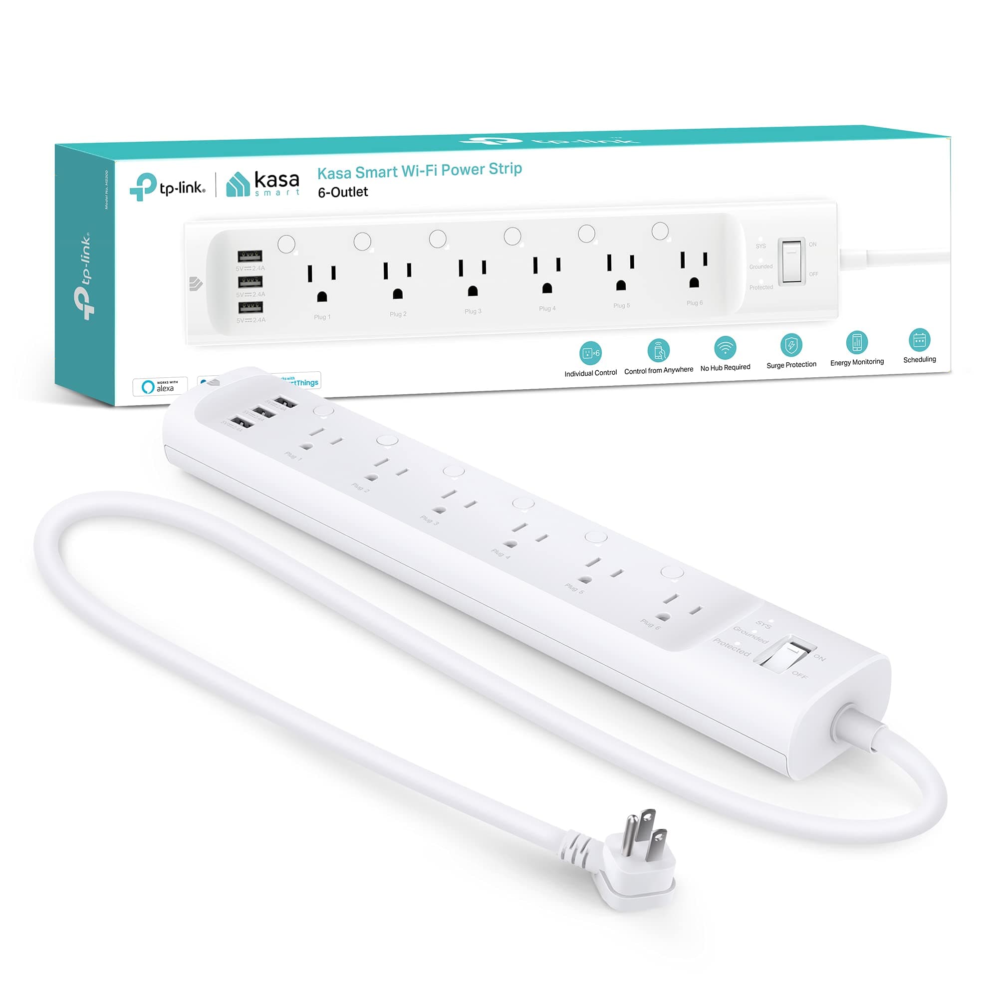 Kasa Smart Plug Power Strip, Surge Protector w/ 6 Smart Outlets and 3 USB Ports, Compatible with Alexa Echo & Google Home , No Hub Required (HS300)