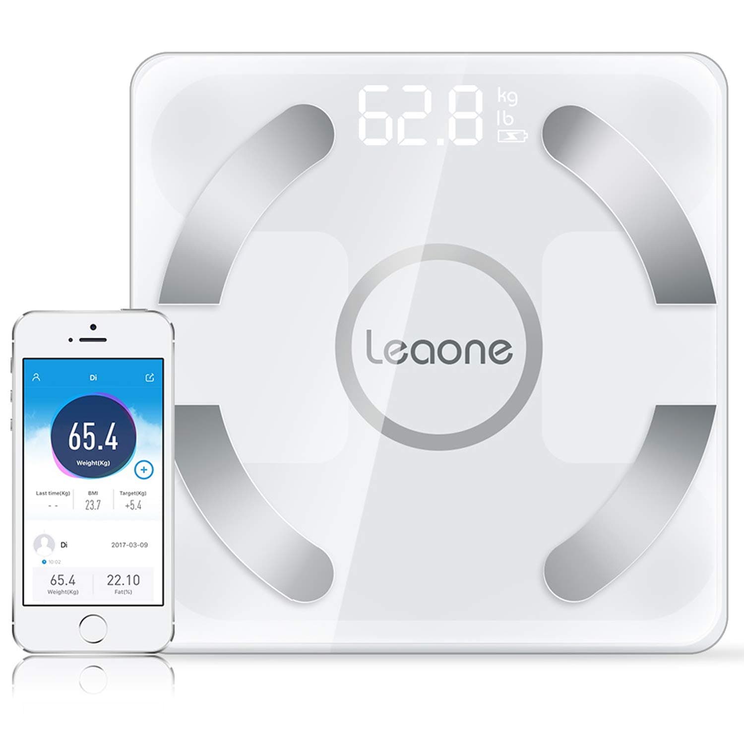 Leaone Bluetooth Body Fat Scale USB Rechargeable Smart Digital Bathroom Weight Scale Body Composition Analyzer with iOS and Android APP for Body Weight, Fat, Water, BMI, BMR, Muscle Mass, White