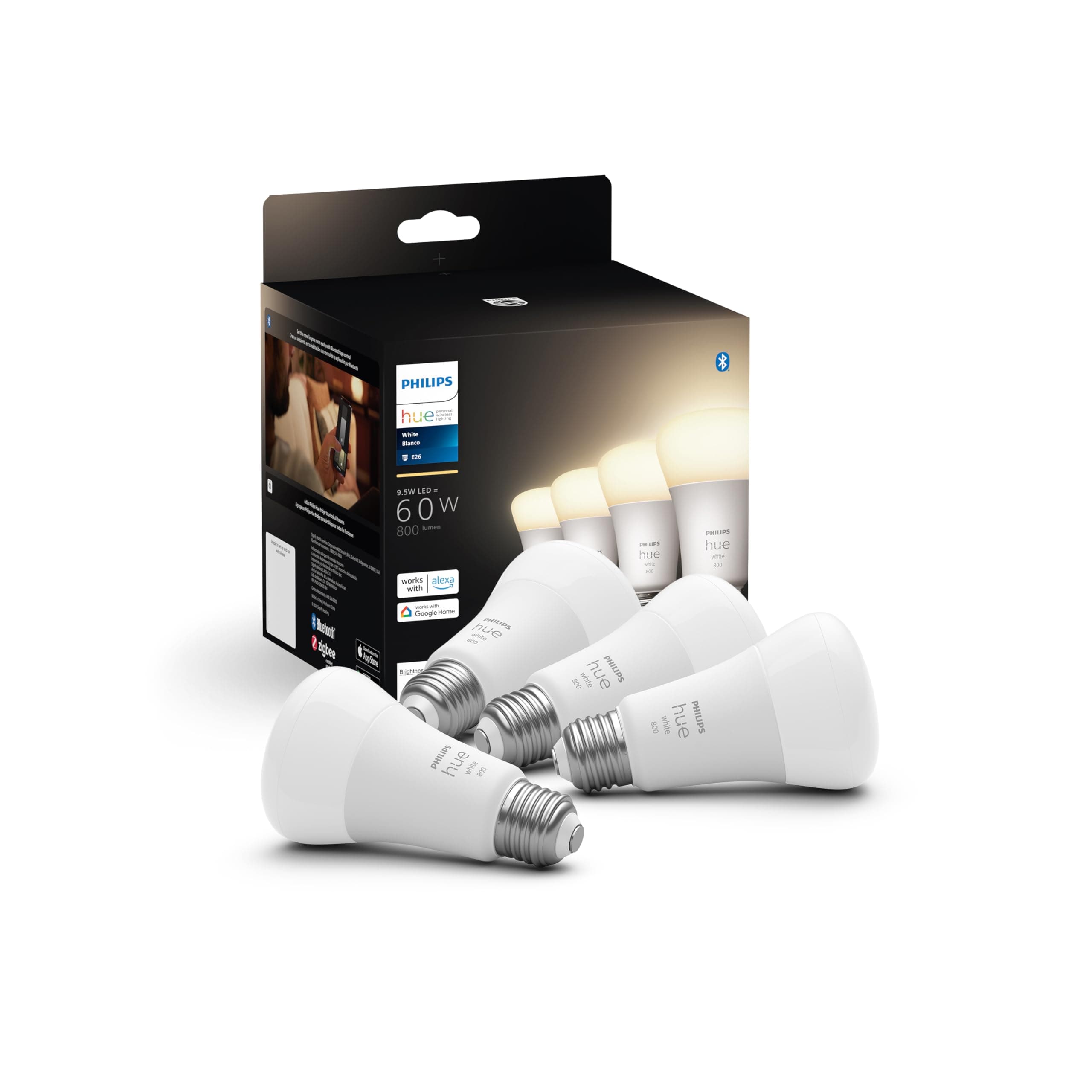 Smart 60W A19 LED Bulb - Soft Warm White Light - 4 Pack - 800LM - E26 - Indoor - Control with Hue App - Works with Alexa, Google Assistant and Apple Homekit