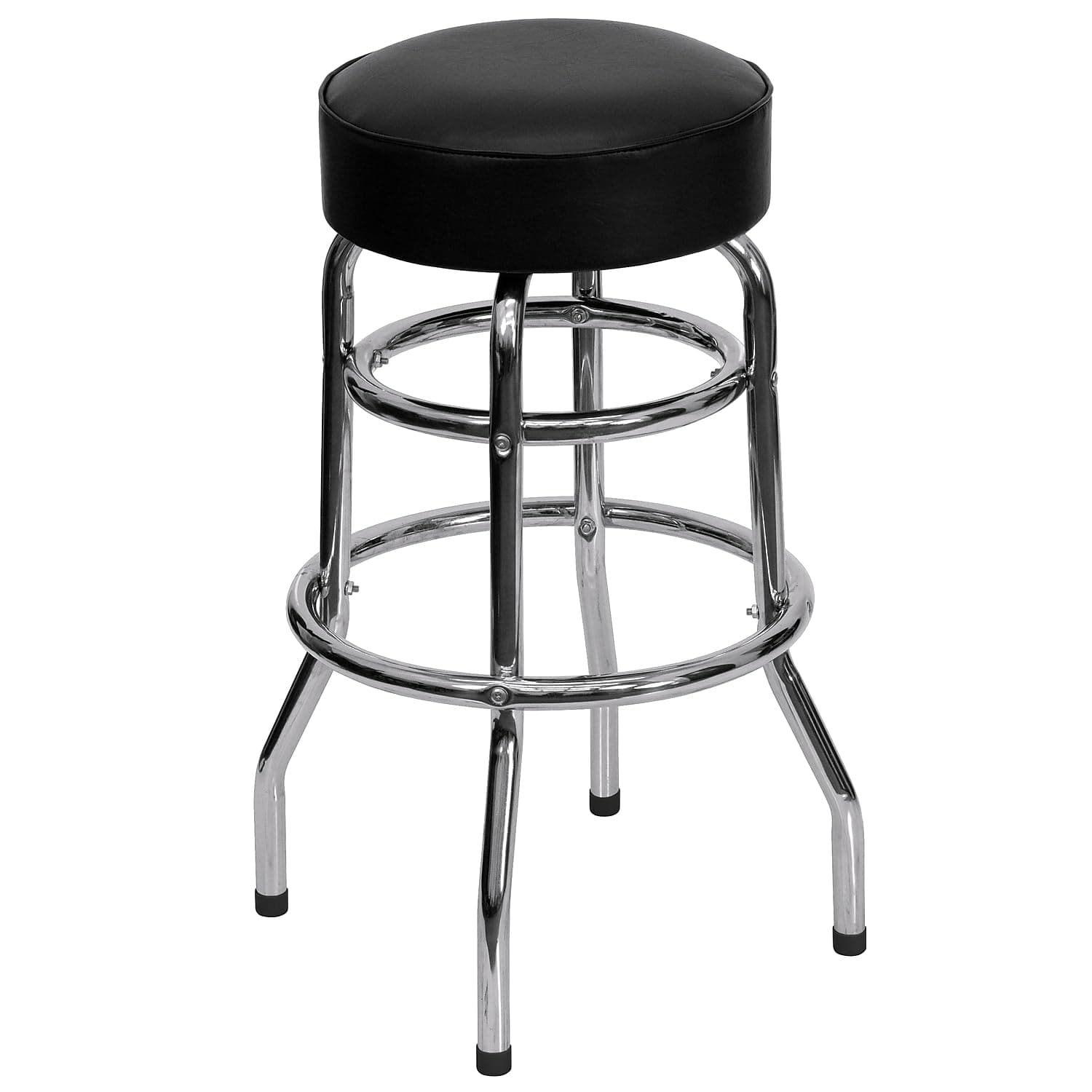 Bruno Double Ring Chrome Backless Barstool with Black Upholstered Seat and Integrated Footrest