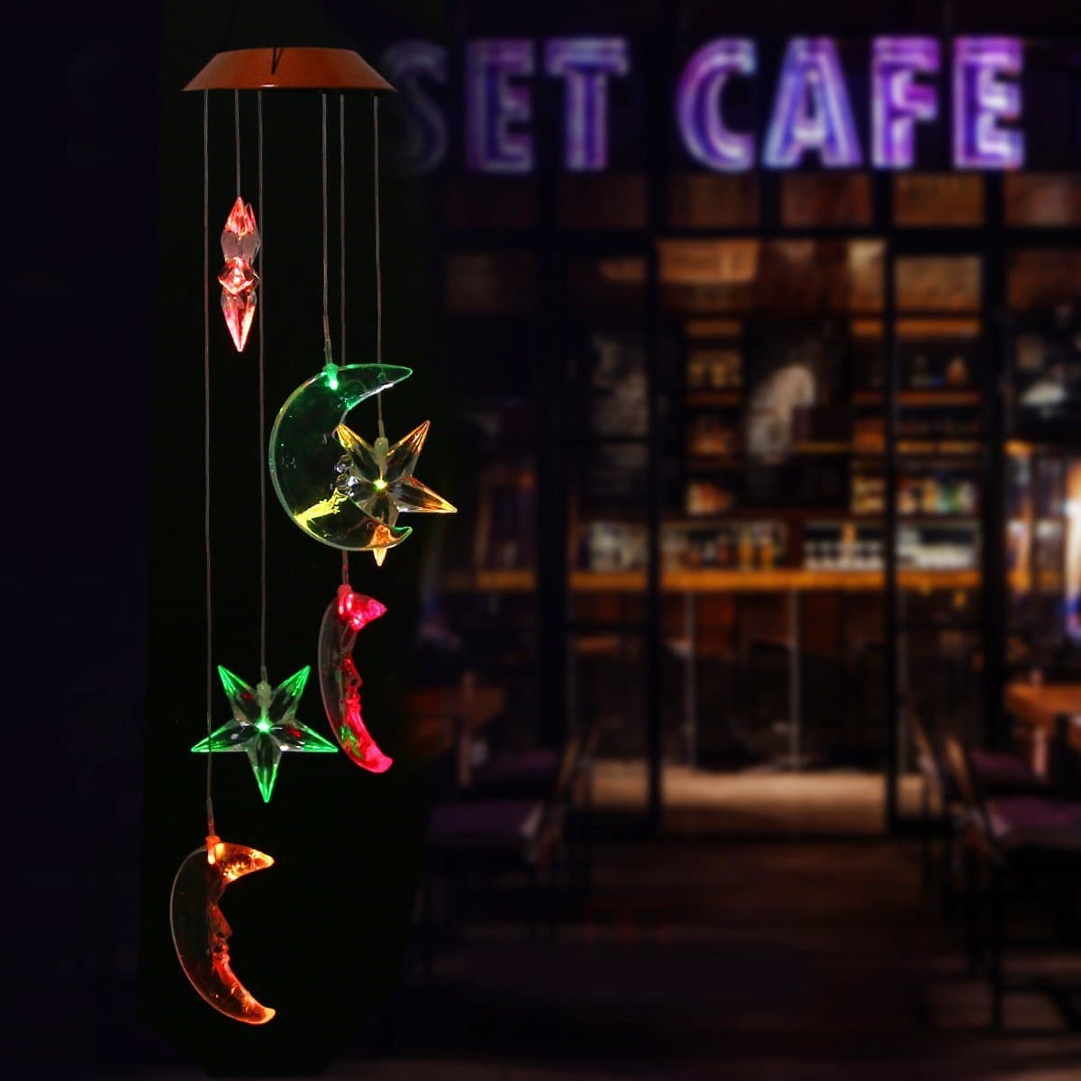 Wishlink Color-Changing LED Solar Mobile Wind Chime Solar Powered LED Hanging Six Hummingbird Lamp Windchime Light for Outdoor Indoor Home Yard Garden Decoration (Star Moon Style)