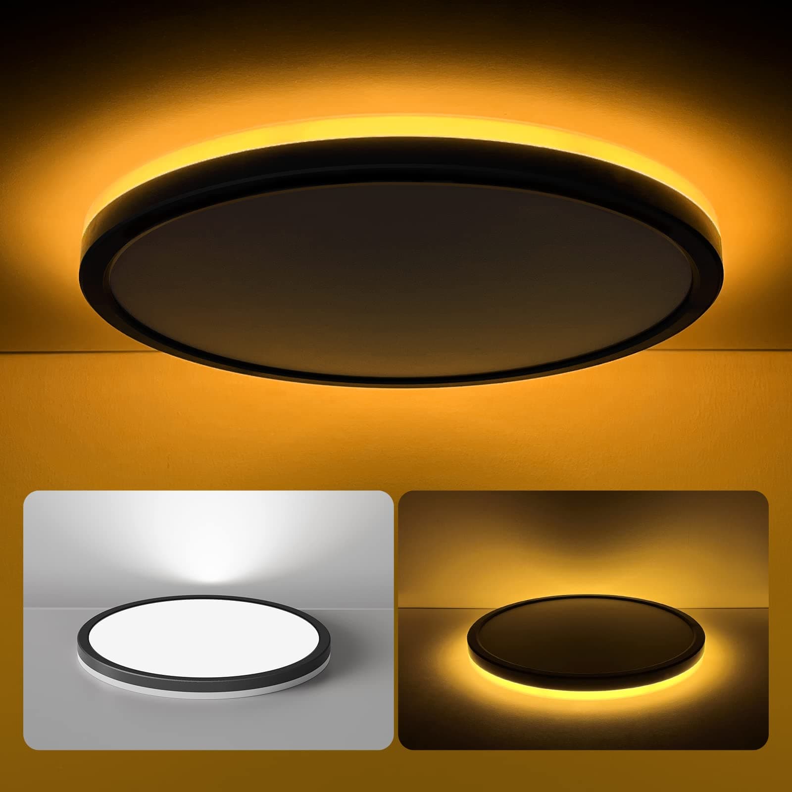 12 Inch LED Flush Mount Ceiling Light Fixture with Night Light, 24W 2400LM 3000K/4000K/5000K Selectable, Dimmable Ceiling Lights for Bedroom, Dining Room, Kitchen, Round Black