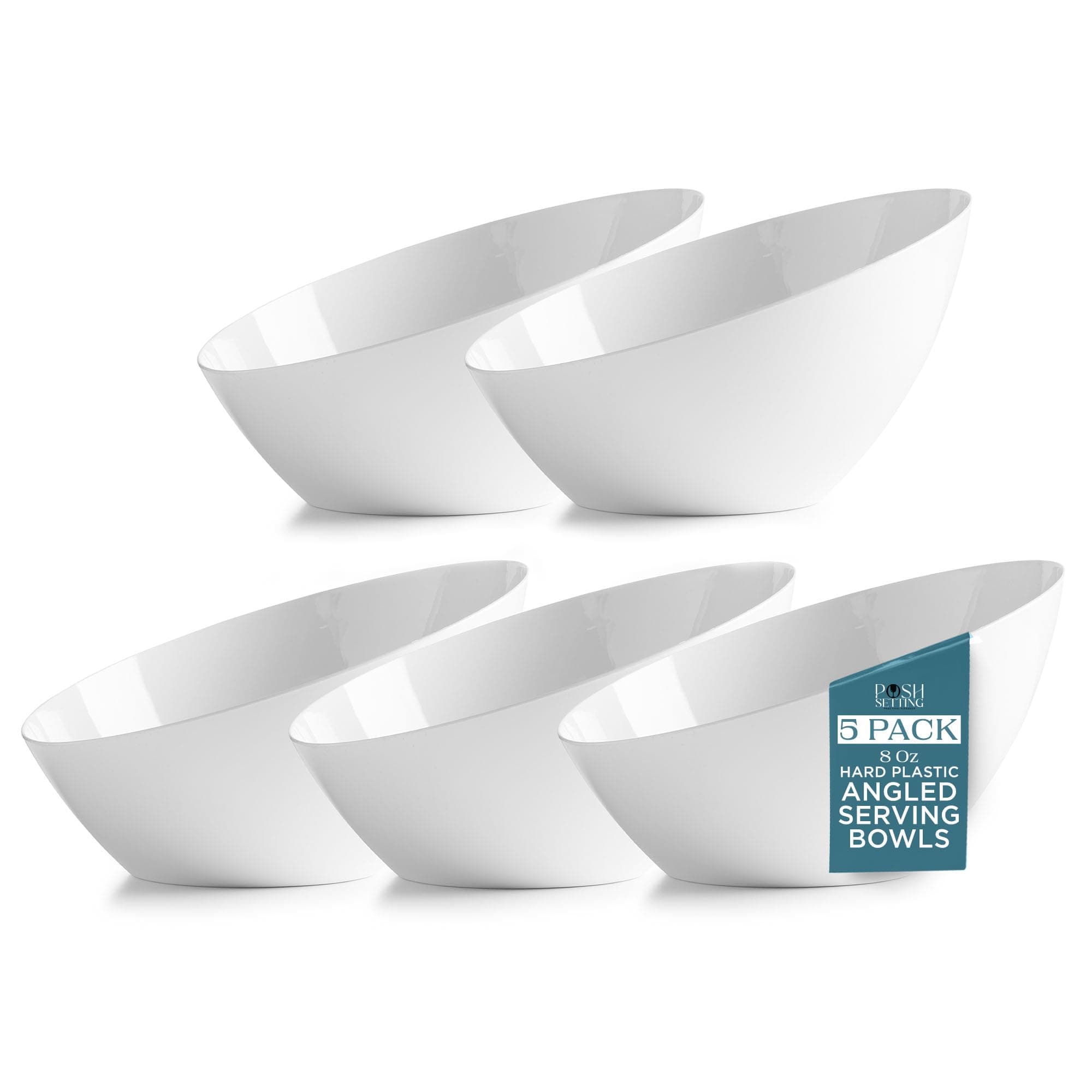 Posh Setting - White Plastic Serving Bowls for Party Angled Bowls Disposable Chip Bowls Candy Bowls for Party Table Salad and Fruit Bowls for Party Wedding Serving Bowls - White, 8 OZ, 5 Pack