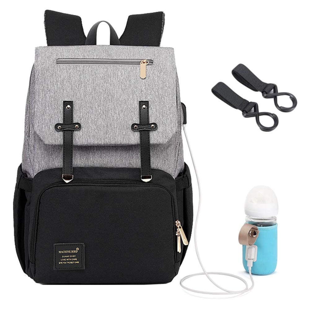 Mummy Diaper Bag Backpack Multi-Function Waterproof Travel Nappy Bags for Baby Care, Large Capacity, Stylish and Durable, USB Charging Port for Bottle Warmer, Black-Grey