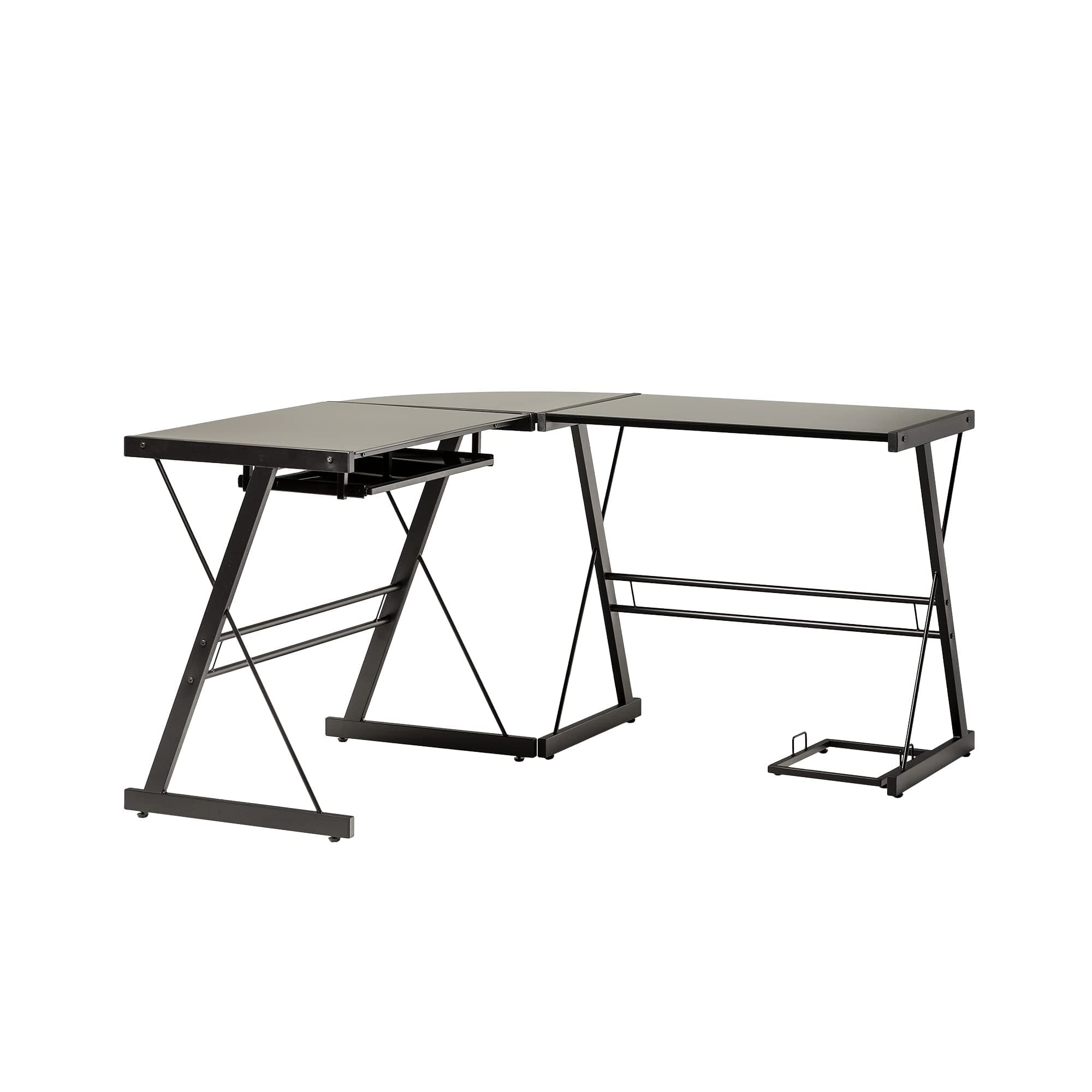 Eden Bridge Designs Computer Desk Modern Laptop Study Desk with Shelves for Home Office Soreno Metal Corner Desk, Soreno Metal Corner Desk, Glass, Black, 3-Piece