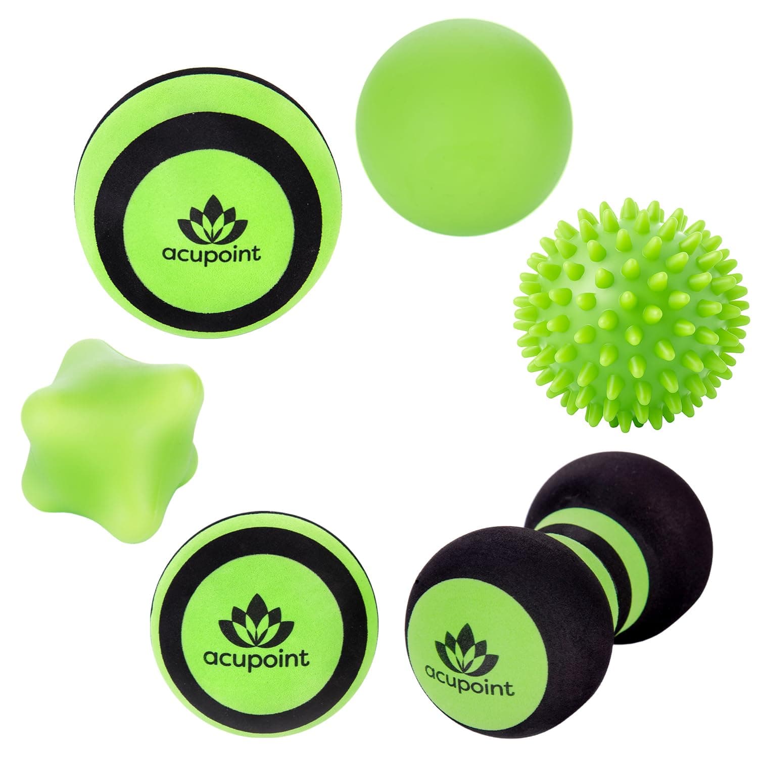 Massage Ball Set 6 Physical Therapy Balls for Post Workout Deep Tissue Trigger Point Myofascial Release Lacrosse Ball Peanut Ball Spiky Ball Hand Therapy Ball Lg & Sm Foam Balls (Green)