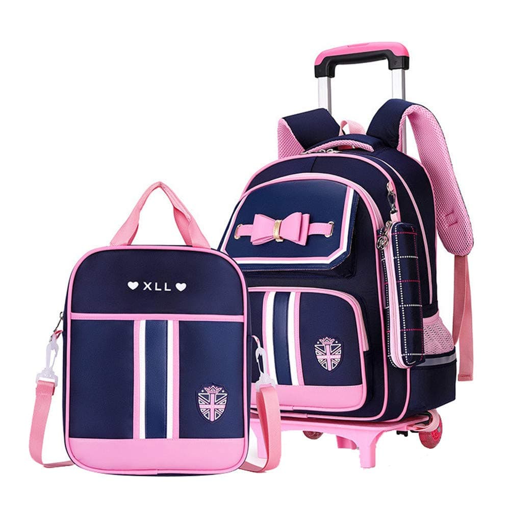 Rolling Backpack for Girls Cute Trolley Bags Primary School Bookbags with Wheels Kids Carry-On Wheeled Backpack with Lunch Bag