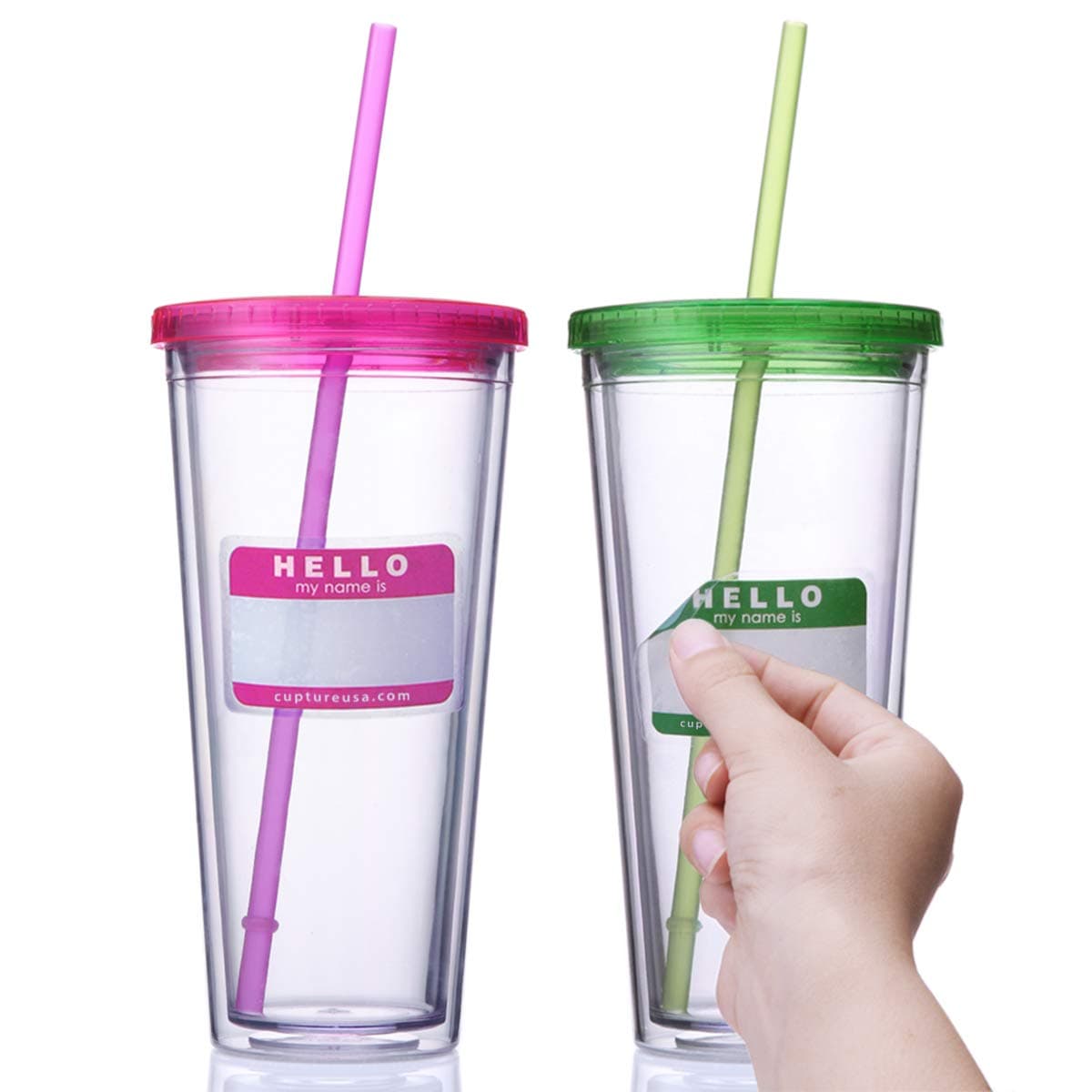 Classic Insulated Double Wall Tumbler Cup with Lid, Reusable Straw & Hello Name Tags - 24 oz, 2 Pack (green/pink)