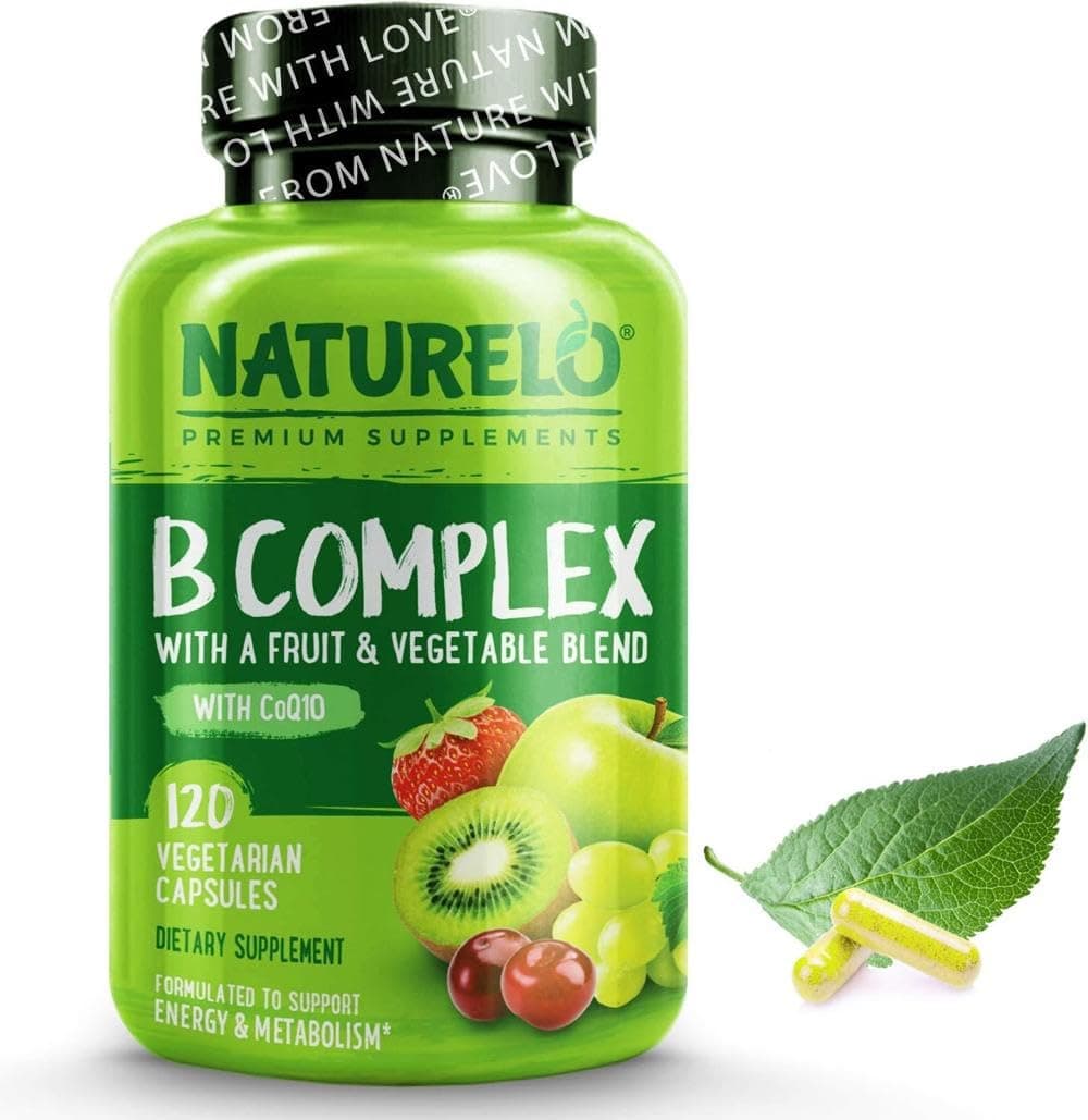 NATURELO B-Complex (One Daily) - Food-Based Blend - All B Vitamins - Vitamin B6, Folate, B12, Biotin, Niacin, CoQ10 - Best Natural Supplement for Energy - 120 Vegan Capsules | 4 Month Supply