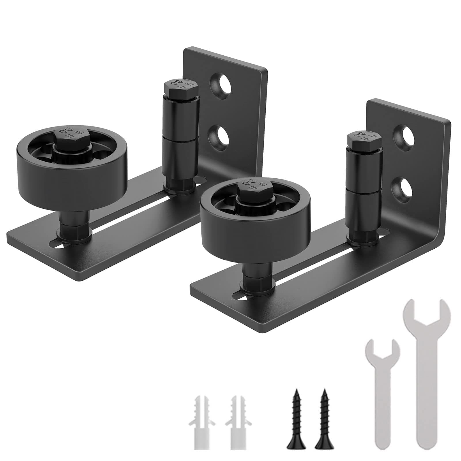 Sliding Barn Door Floor Guide Wall Mounted Hardware for Flush Bottom Adjustable Stay Rollers, Set of 2,8 Setup Options, Smooth Wheels Fit Most Closet Pocket Doors, Black