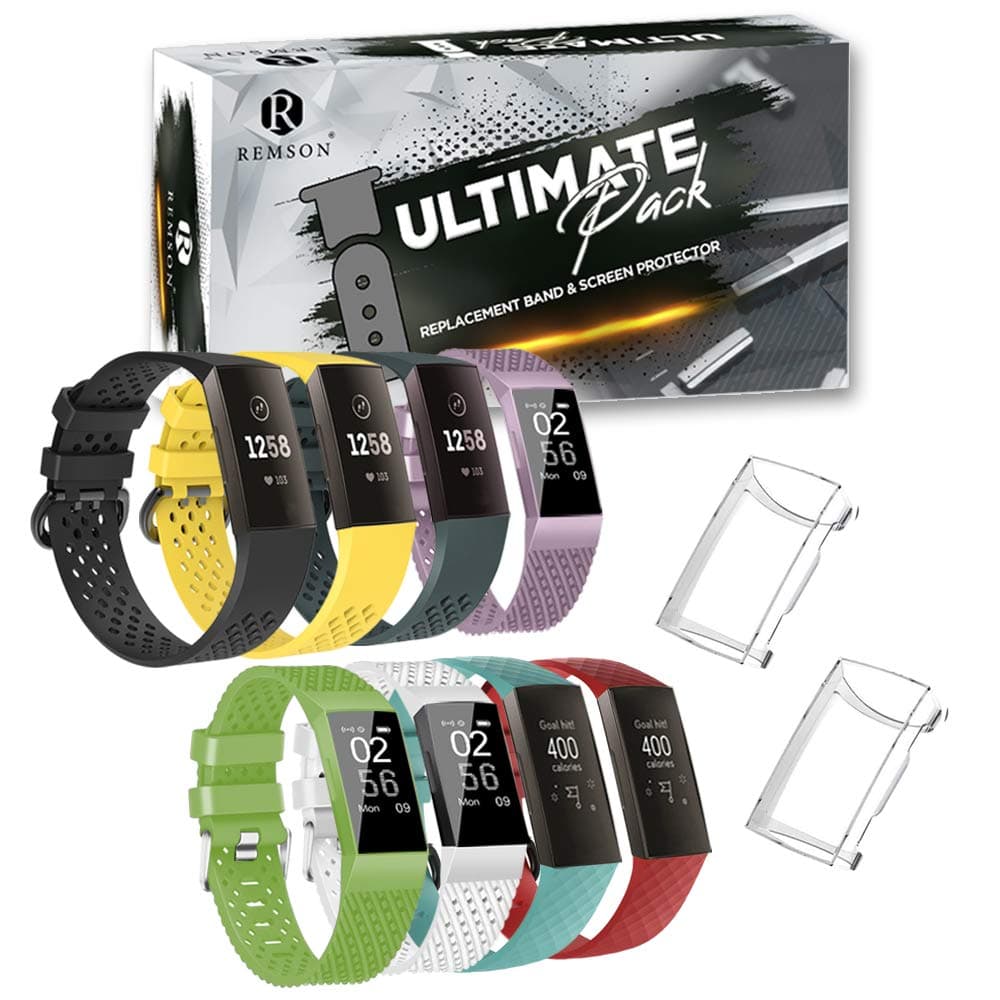Remson Ultimate Pack 8 Colors Strap Band Plus 2 TPU Screen Protector, Compatible with Fitbit Charge 4/3, Soft Silicone Replacement Band and TPU Screen Protector for Men and women