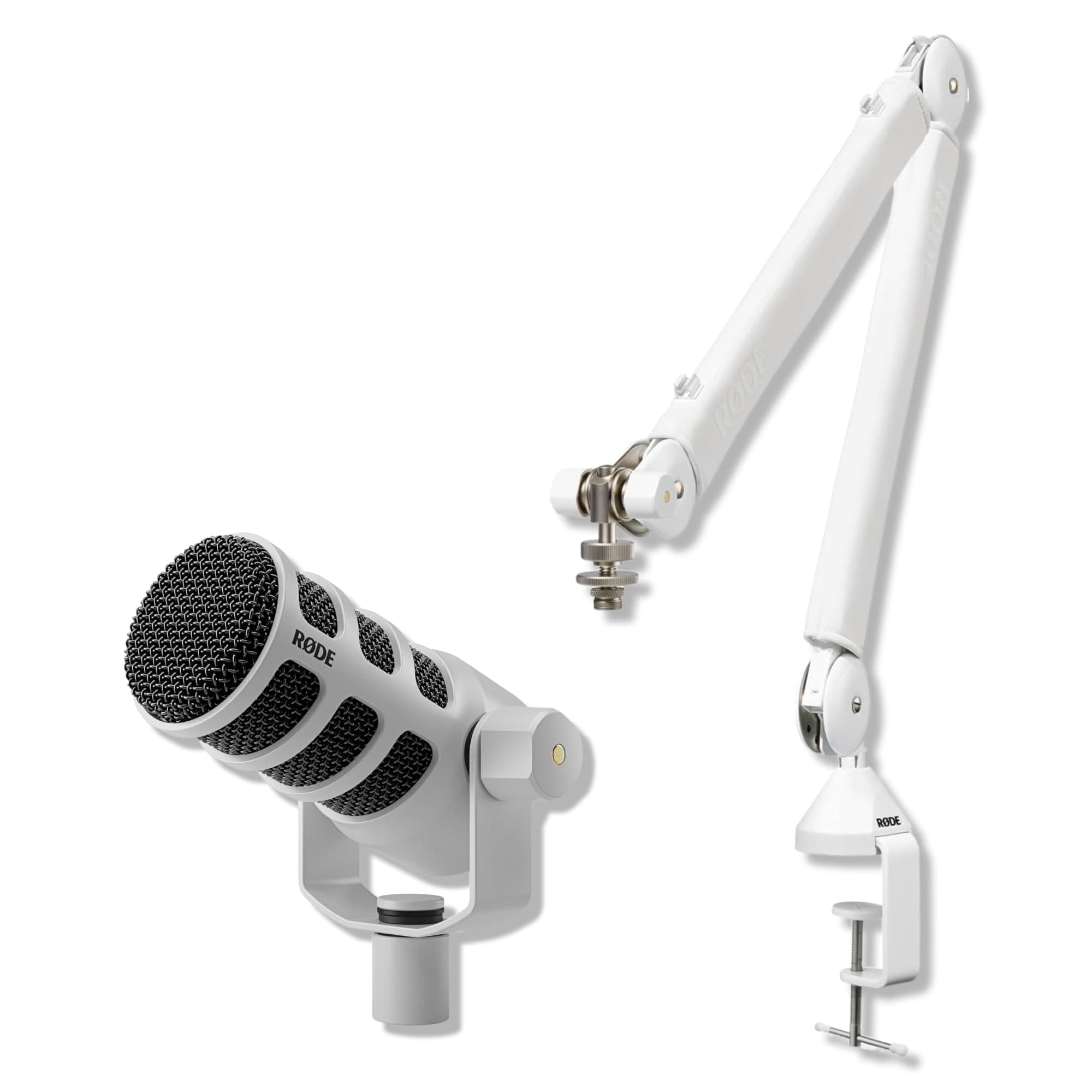 RODE PodMic Dynamic Podcasting Microphone (White) with RODE PSA1+ Professional Studio Arm (White) and XLR Cable