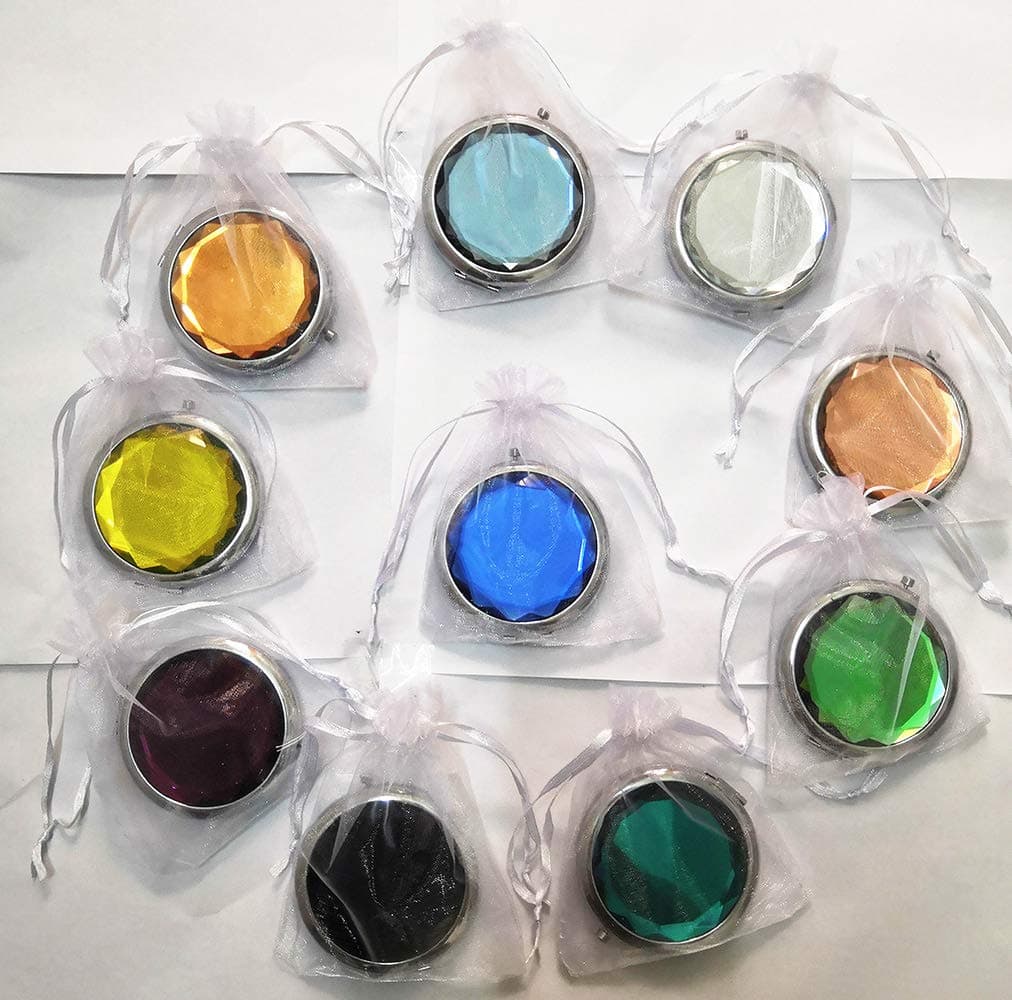 10pcs (1 Set) Different Colors Double Compact Cosmetic Makeup Round Pocket Purse Magnification Jewel Mirror Wedding Gifts for Guests( Come with White Organza Pouch)