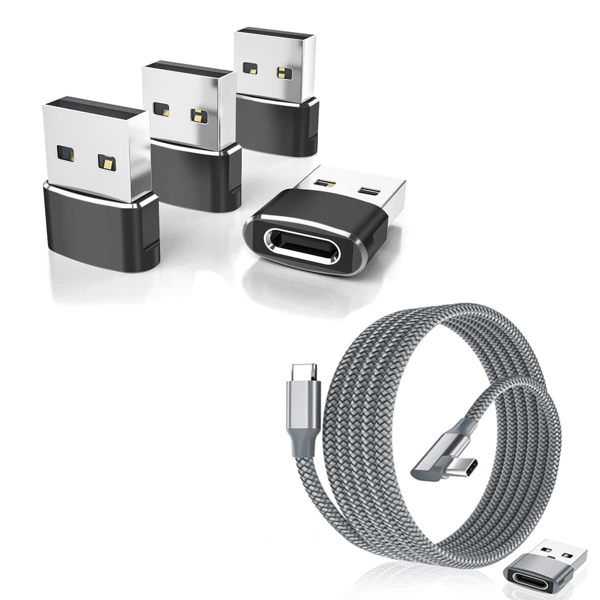Elebase5Pack USB C Female to A Male Adapter Bundle with Right-Angled USB Type C to C 100W Cable 10FT,Compatible with iPhone 15 Pro Max Plus,MacBook,Samsung Galaxy S23 S22 S21 21,iPad Pro Air 4th