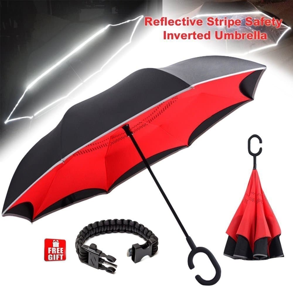 Smart brella Double Layer Inverted Umbrellas Reverse Folding Umbrella Windproof UV Protection Big Straight Umbrella for Car Rain Outdoor With C-Shaped Handle