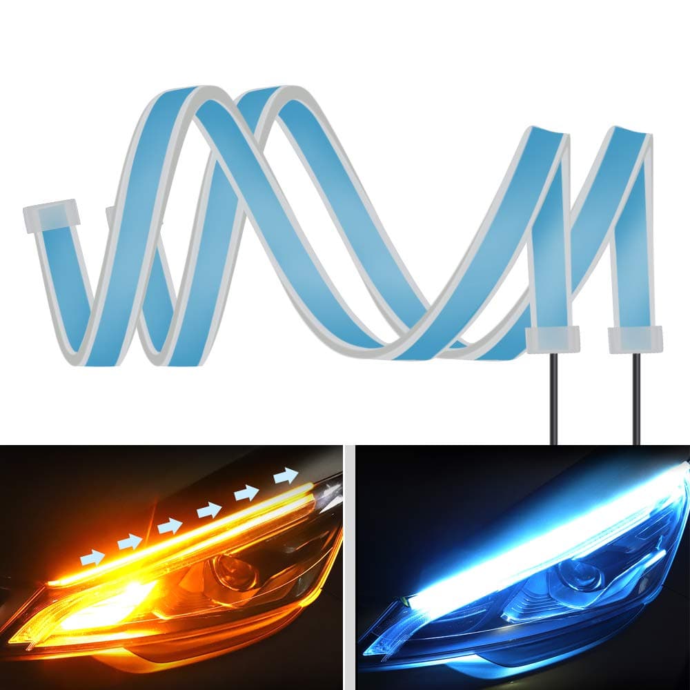 2PC 24 Inch Dual Color Blue/Sequence Amber LED Headlight Strip Tube, Waterproof Flexible Adhesive Daytime Running Lights DRL Switchback Glow Light Strip Headlight Decorative Lamp for Car