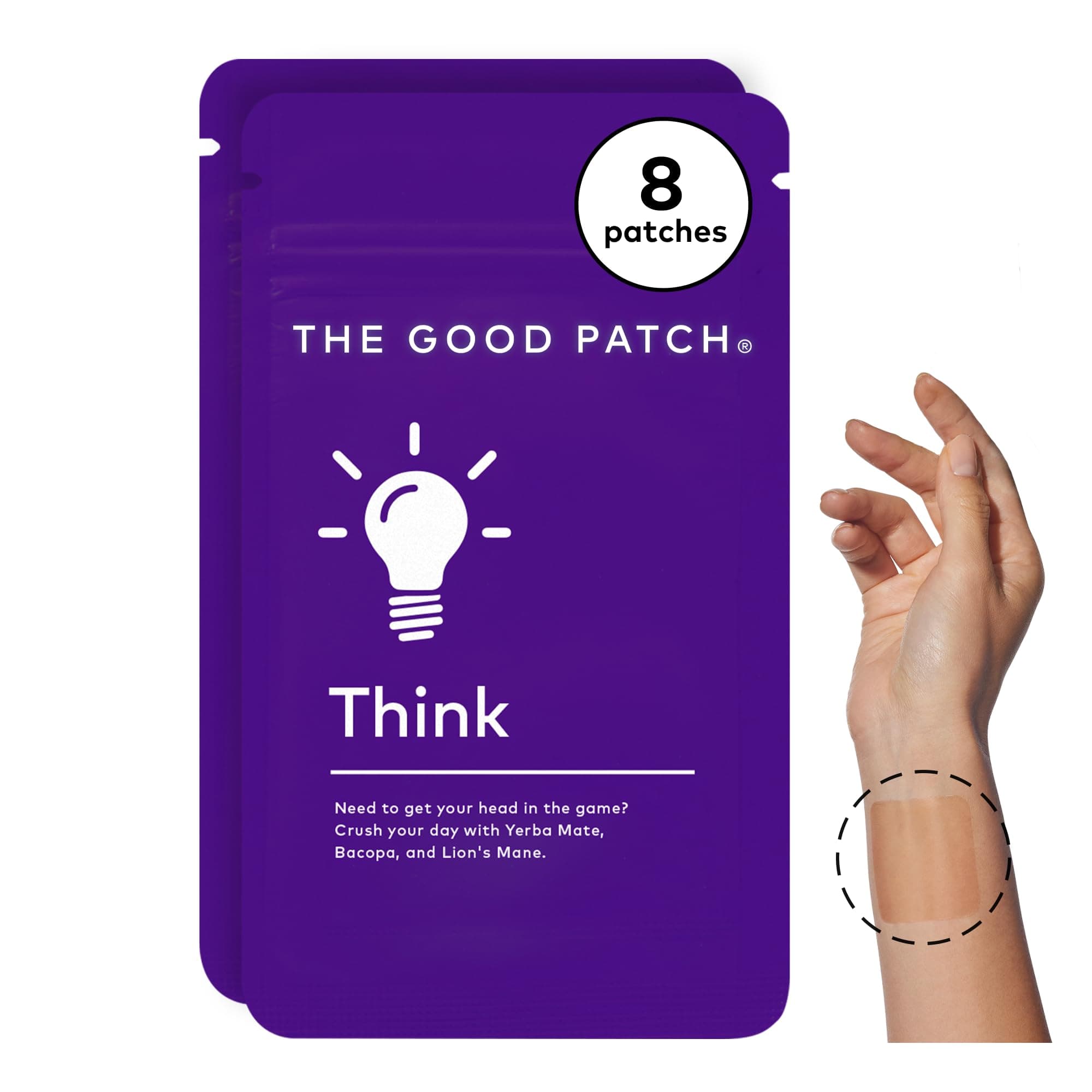 Think Patch, Natural Patch with Caffeine, Yerba Mate, Bacop, Lion's Mane, Plant Powered Wearable Wellness, Focus Patches, Sustained Release (8 Total Patches)