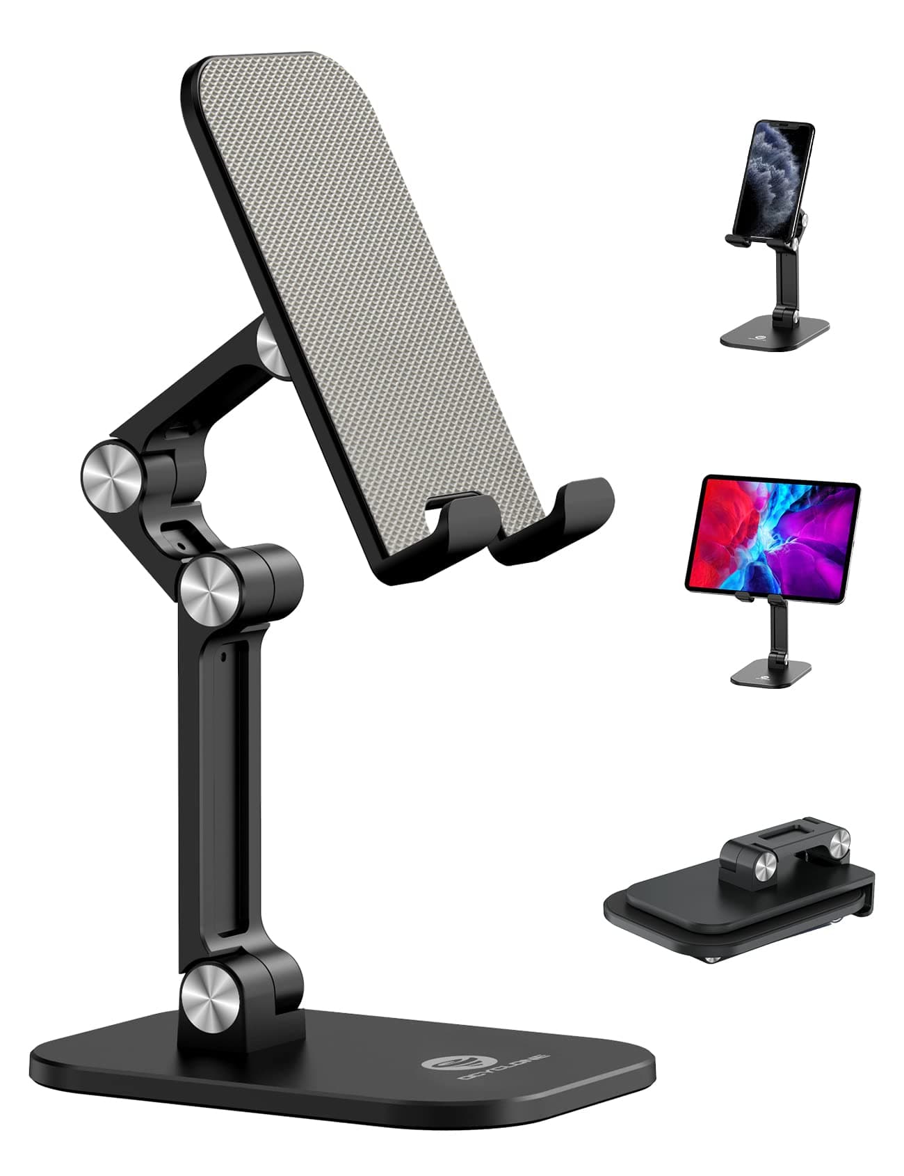 OCYCLONE Phone Stand, Adjustable Height and Angle Foldable Cell Phone Stand Holder for Desk, Taller iPhone Stand Compatible with 4.7"-13" Smartphones iPad Tablet, Black
