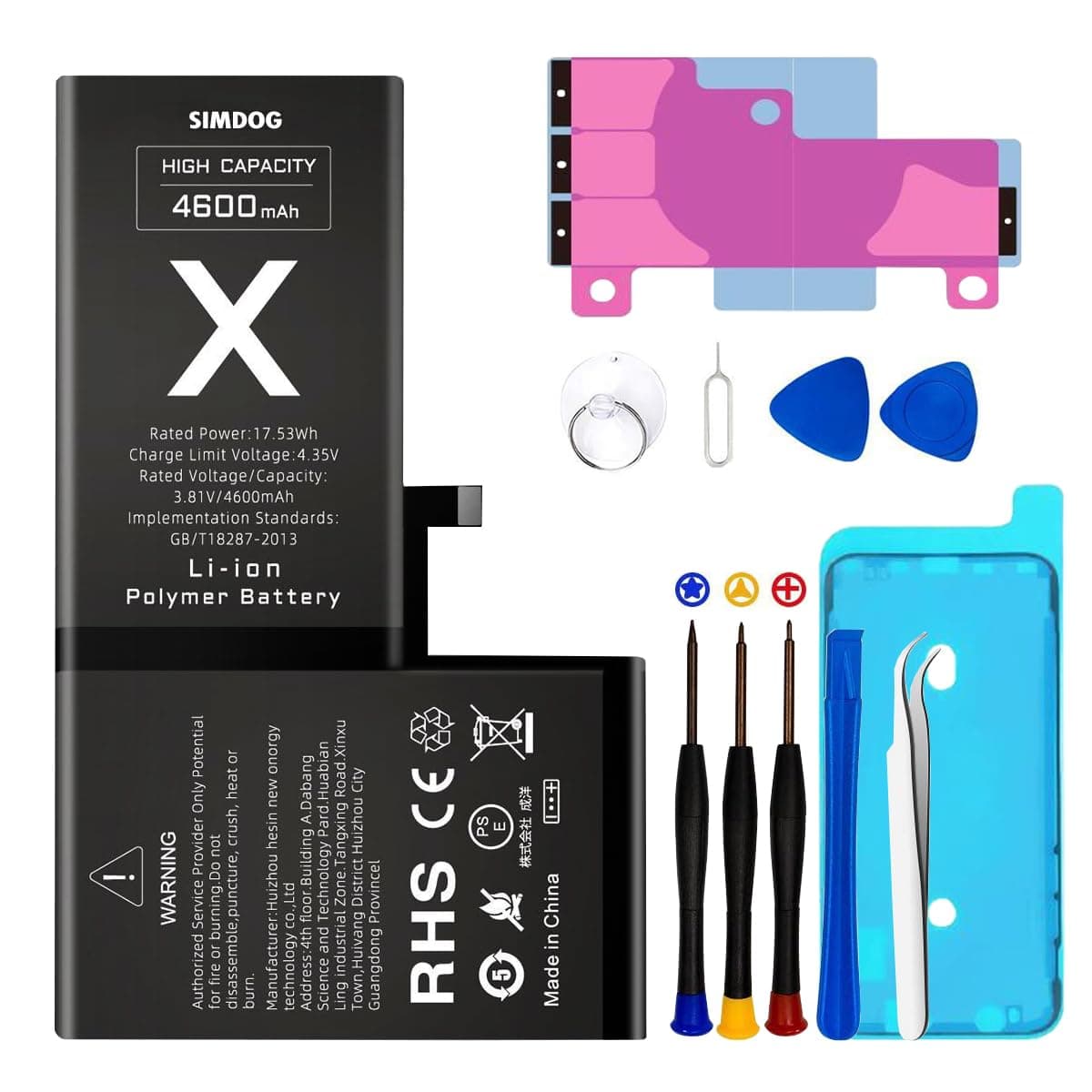 Replacement for iPhone X Battery Kit, 4600mAh High Capacity, New Upgrade 0 Cycle, for iPhone X Model A1865 A1901 A1902 with Full Set Professional Repair Tool Kits