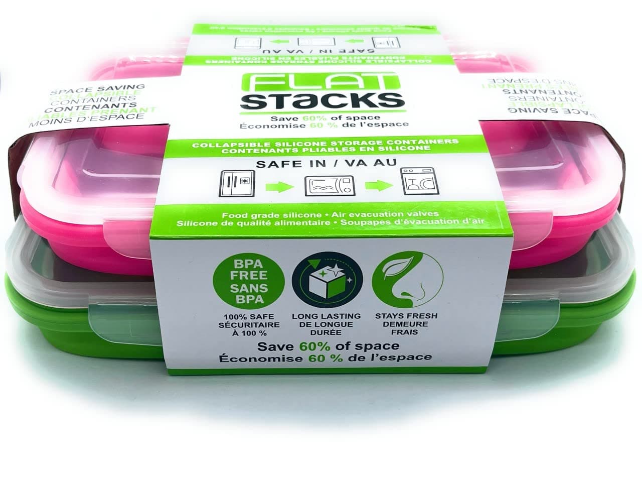 Smart Storage Flat Stacks BPA Free Silicone Collapsible Storage Containers (Green, Pink, Set of 2)