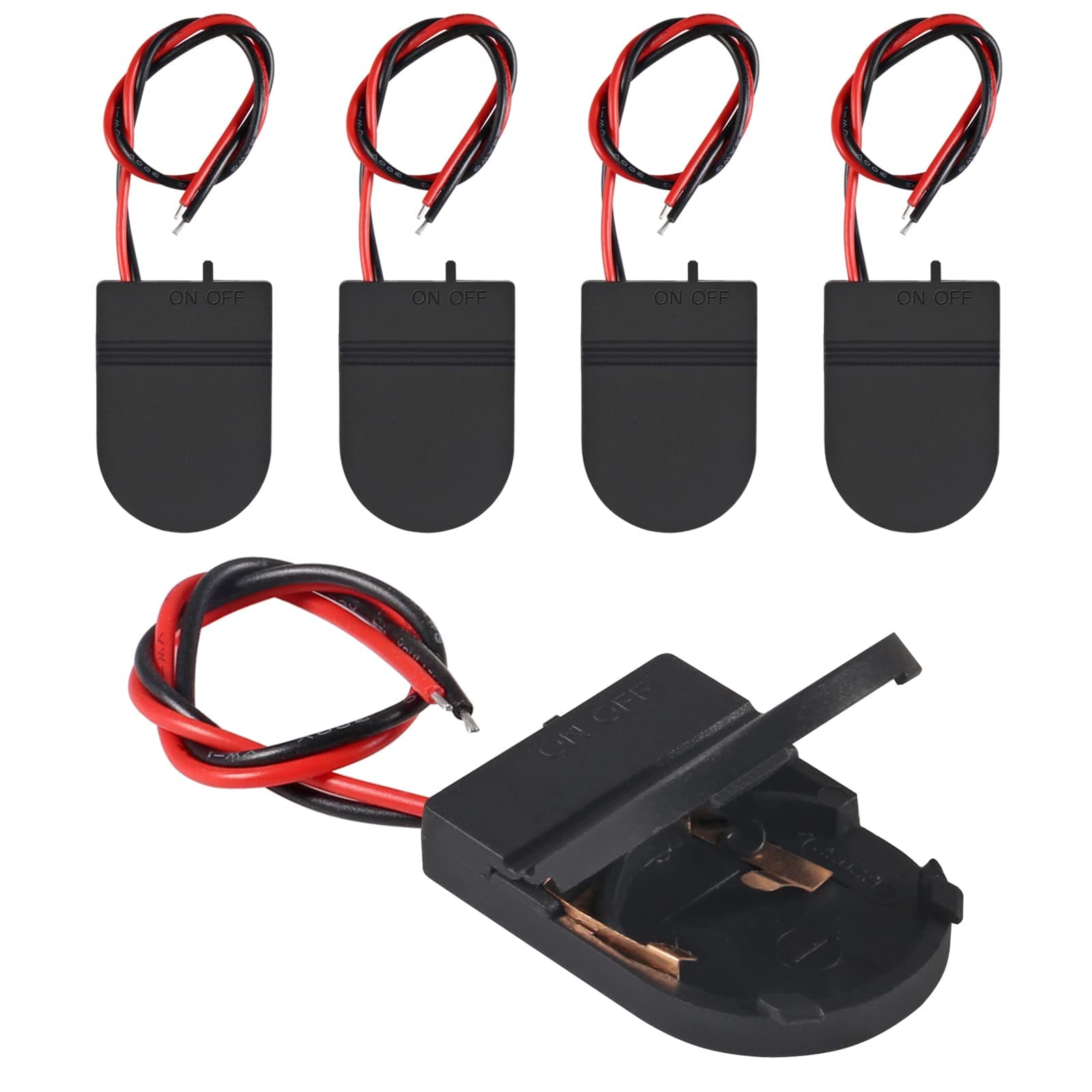 5pcs Button Battery Holder Coin Cell Battery Holder with Switch CR2032 1 X 3V Battery Holder Battery Storage Boxes Cover with Wires On ON-Off Switch Socket Container (Black)