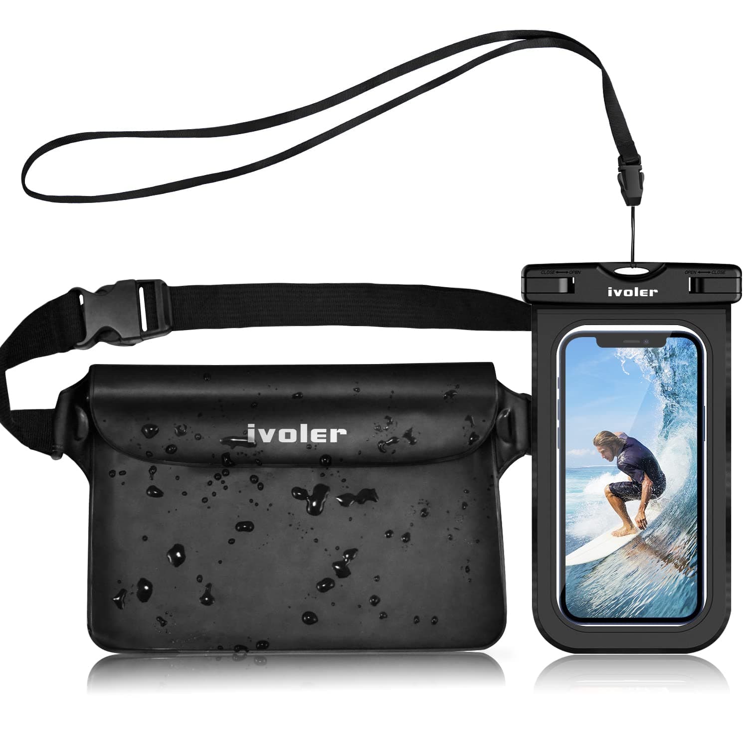 ivoler [2 Pack Waterproof Phone Case & Pouch Set, IPX8 Dry Bag with Waist Strap for Beach, Swimming, Kayaking, Fits iPhone 17 16 15 Pro Max, Samsung S26 S25 Ultra, Up to 7.0" - Black
