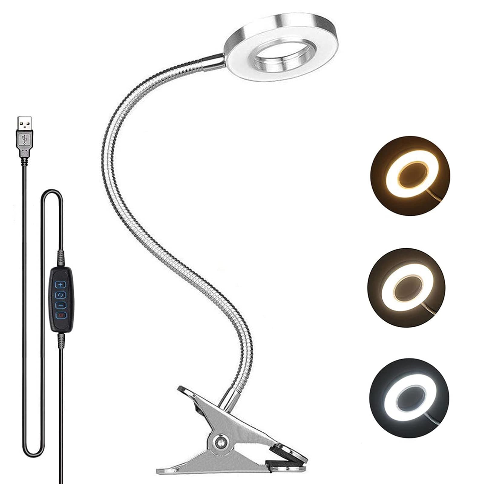 Yironkie LED Clip on Reading Light Book Light Dimmable Table Lamp Eye-Care Desk Lamp 3 Color Modes 10-Level Brightness(Silver)