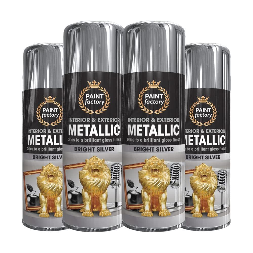 4 x Metallic Bright Silver Spray Paint 400ml Multi-Purpose Use, Spray for Metal and Wooden Furniture, Ornaments, Decorative Items and Much More for Interior & Exterior