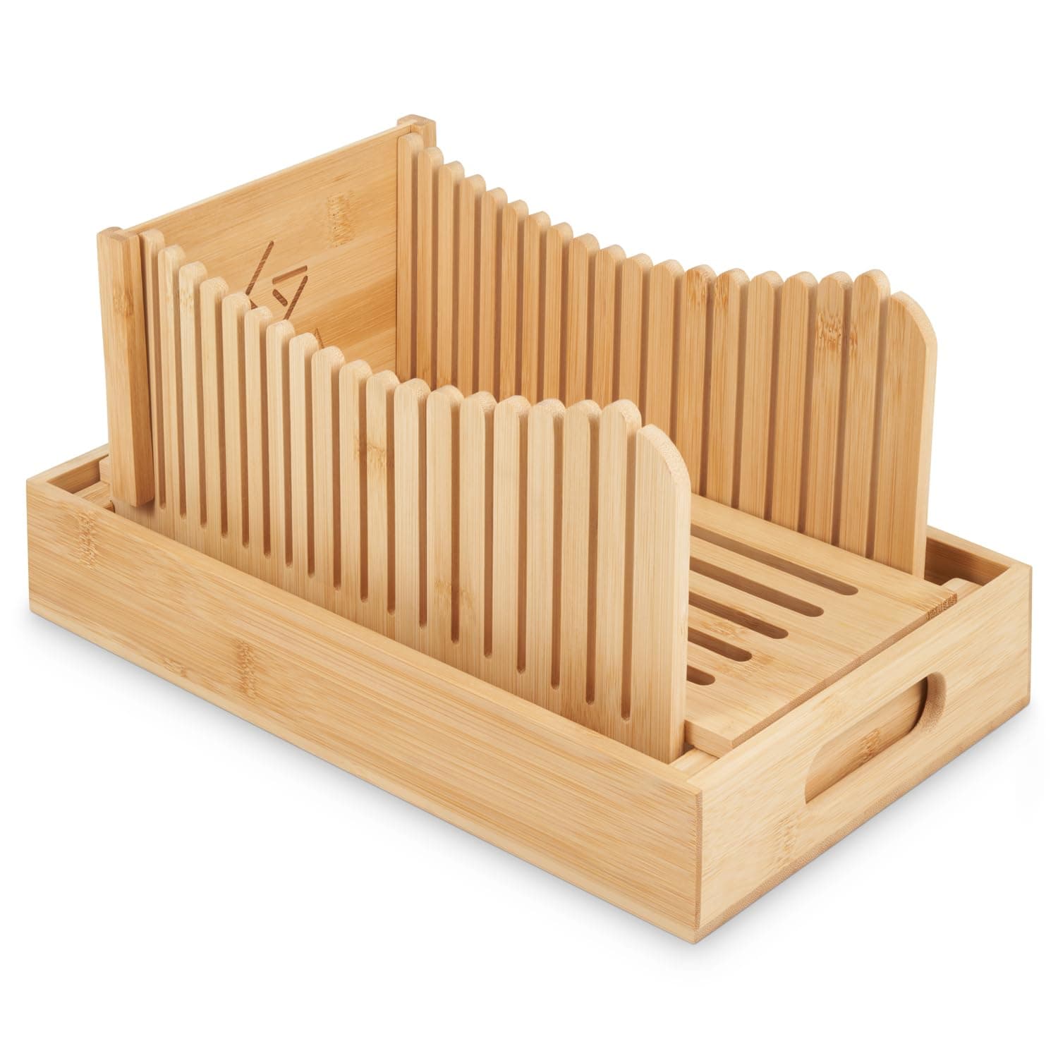 Bamboo Bread Slicer -Adjustable Bread Slicer for Homemade Bread with 3 Thickness Sizes - Foldable Board Loaf Slicer with Crumb Tray - Idea for Cakes, Sourdough Bread & Bagels. (Large without Knife)