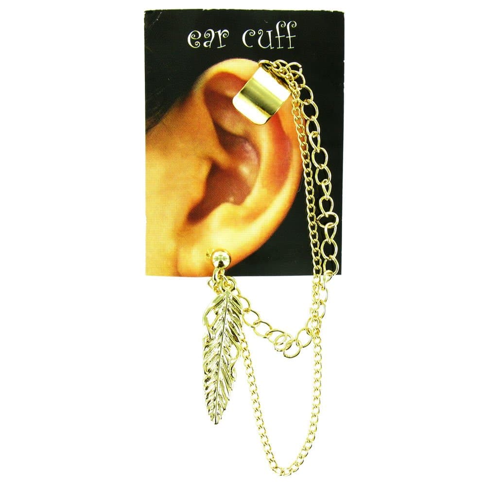 Gold Feather Ear Cuff with Chain