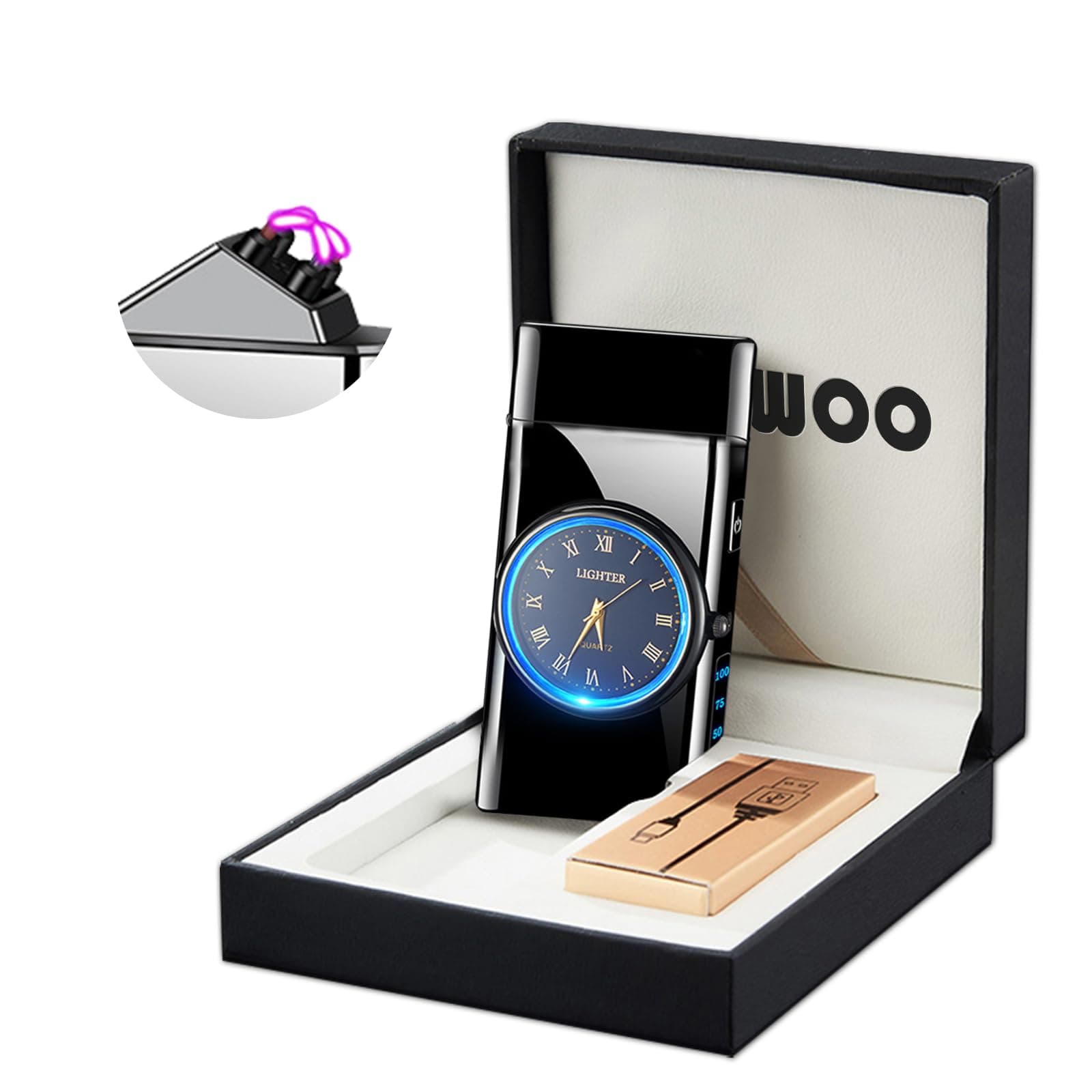 YOZWOO プラズマライター USB Type-C充電式 ダブルアーク 電子ライター クォーツ文字盤 LEDライト付き デジタル残量表示 強力防風 風防止 アウトドア対応 メンズギフト プレゼント 多機能 キーホルダー付き 収納付き 金属ボディ スタイリッシュ おしゃれ かっこいい 簡単操作 人気 全6色展開 ギフトボックス対応 刻印可能 (ブラック)