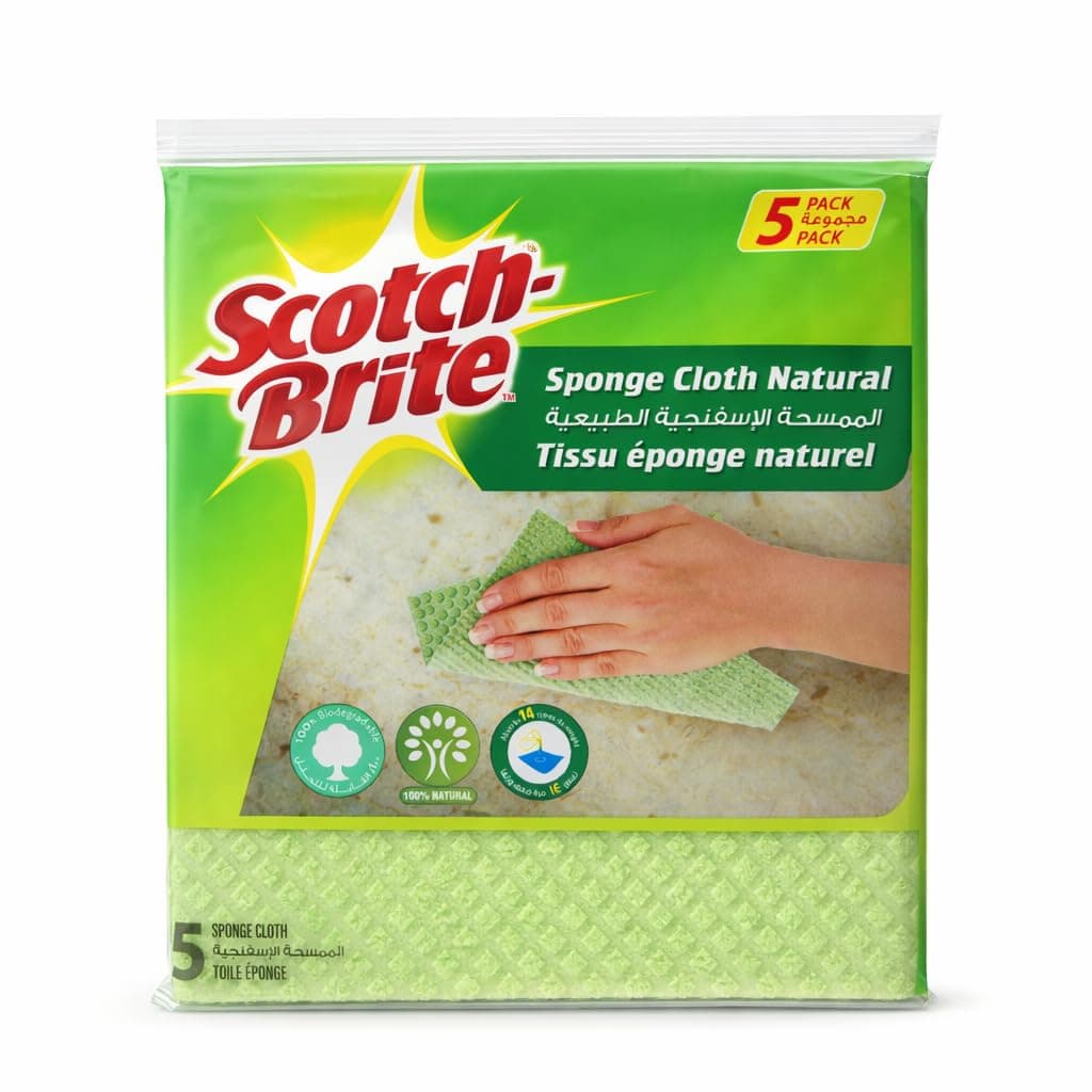 Scotch-Brite Multi-Purpose Sponge Cloth - Natural Green color, 5 units/pack | Quickly soaks up any liquid | Wipes like a cloth, absorbs like a sponge | Kitchen cloth | Cleaning cloth | Sponge cloth