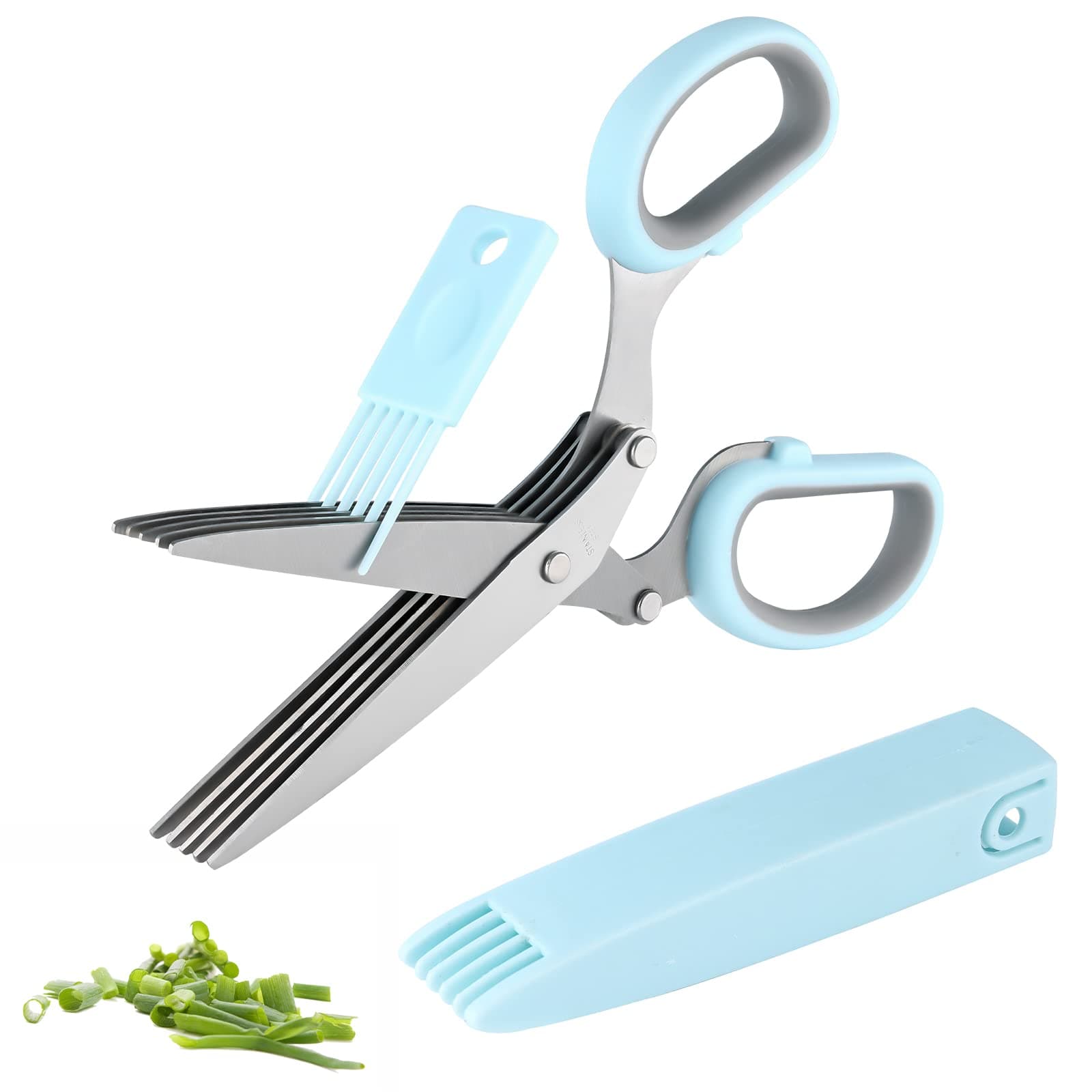 Gourmet Herb Scissors Set - Master Culinary Multipurpose Cutting Shears with Stainless Steel 5 Blades, Safety Cover and Cleaning Comb for Cutting Cilantro Onion Salad (blue-grey)
