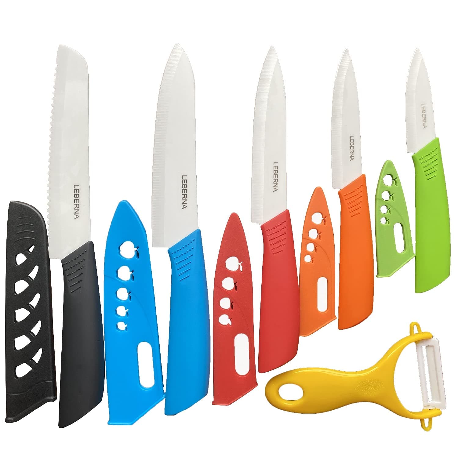 Ceramic Knife Set - Colored Knives w/ Sheath - 6" Bread, 6" Chef, 5" Utility, 4" Fruit, 3" Paring Knife & 1 Peeler - Rust Free Proof