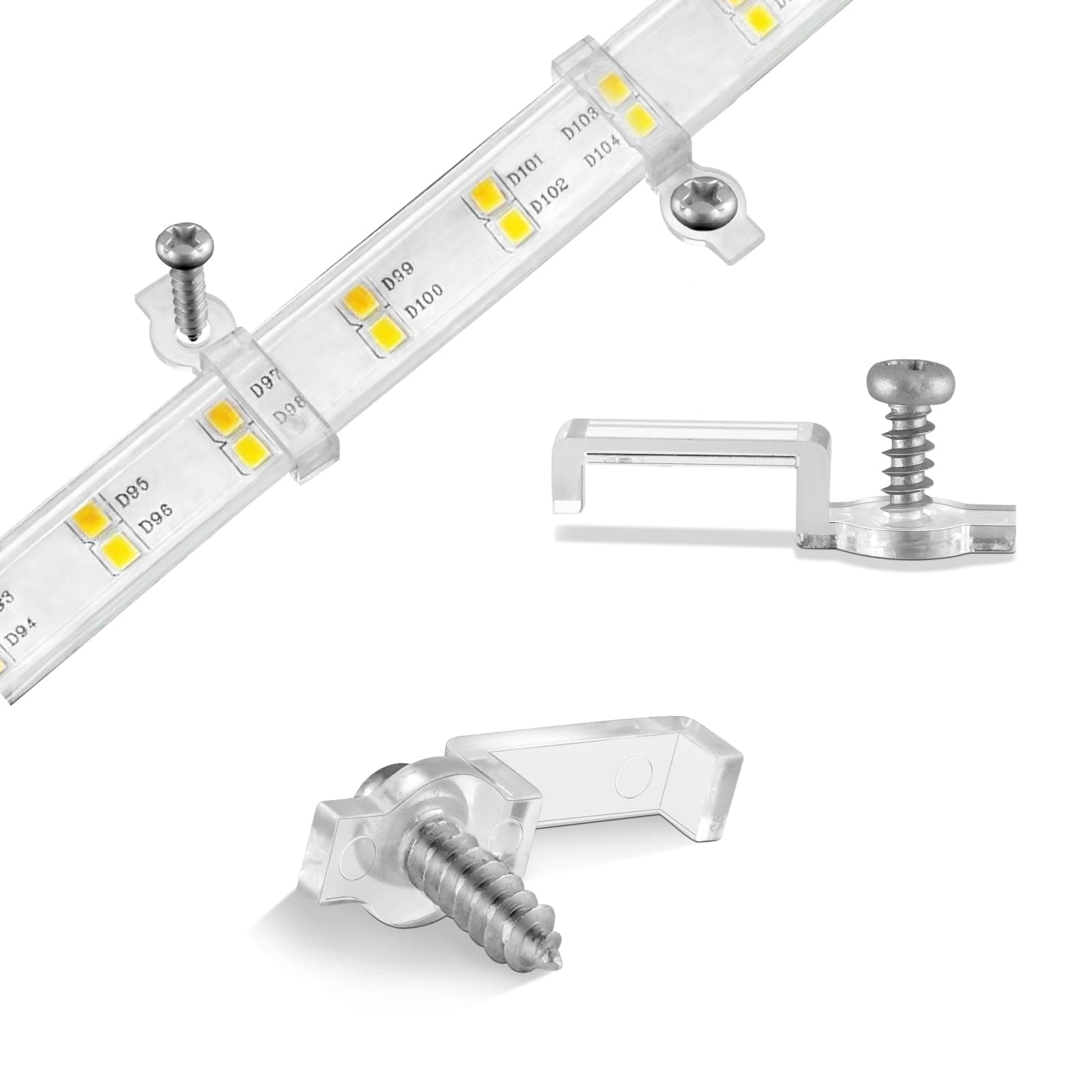 100 Pack Strip Light Mounting Brackets,Fixing Clips,One-Side Fixing,100 Screws Included (For 10mm Wide IP68 Silicone Cover Strips)